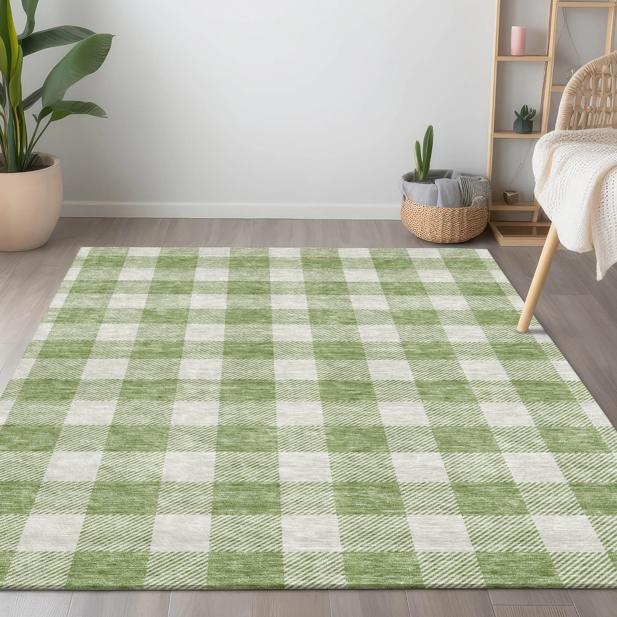 Machine Washable Indoor/ Outdoor Chantille Plaid Rug