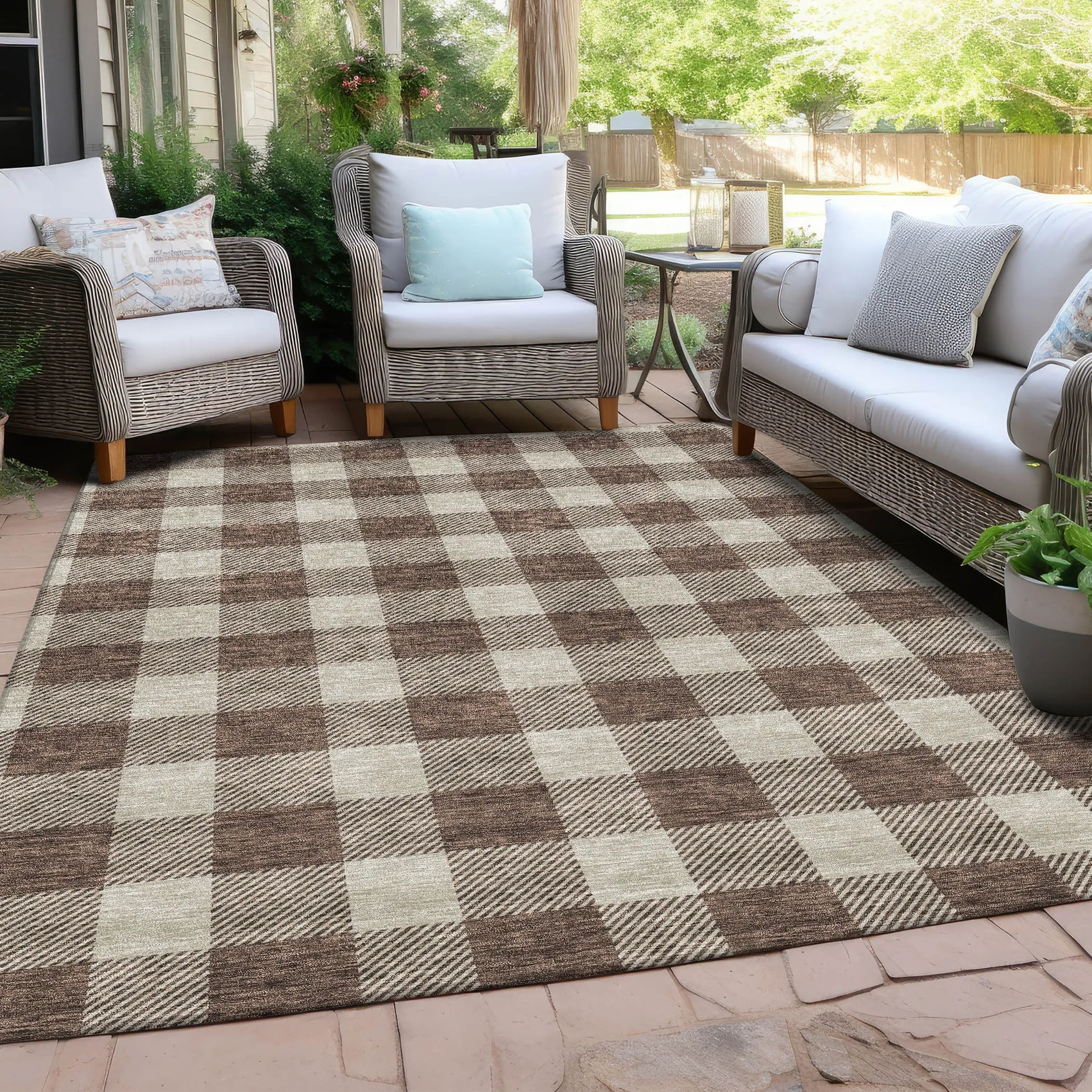 Machine Washable Indoor/ Outdoor Chantille Plaid Rug