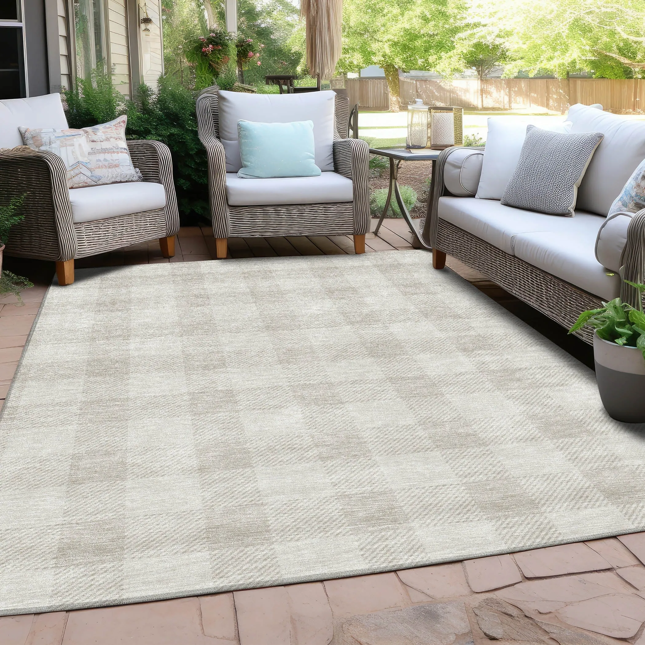 Machine Washable Indoor/ Outdoor Chantille Plaid Rug