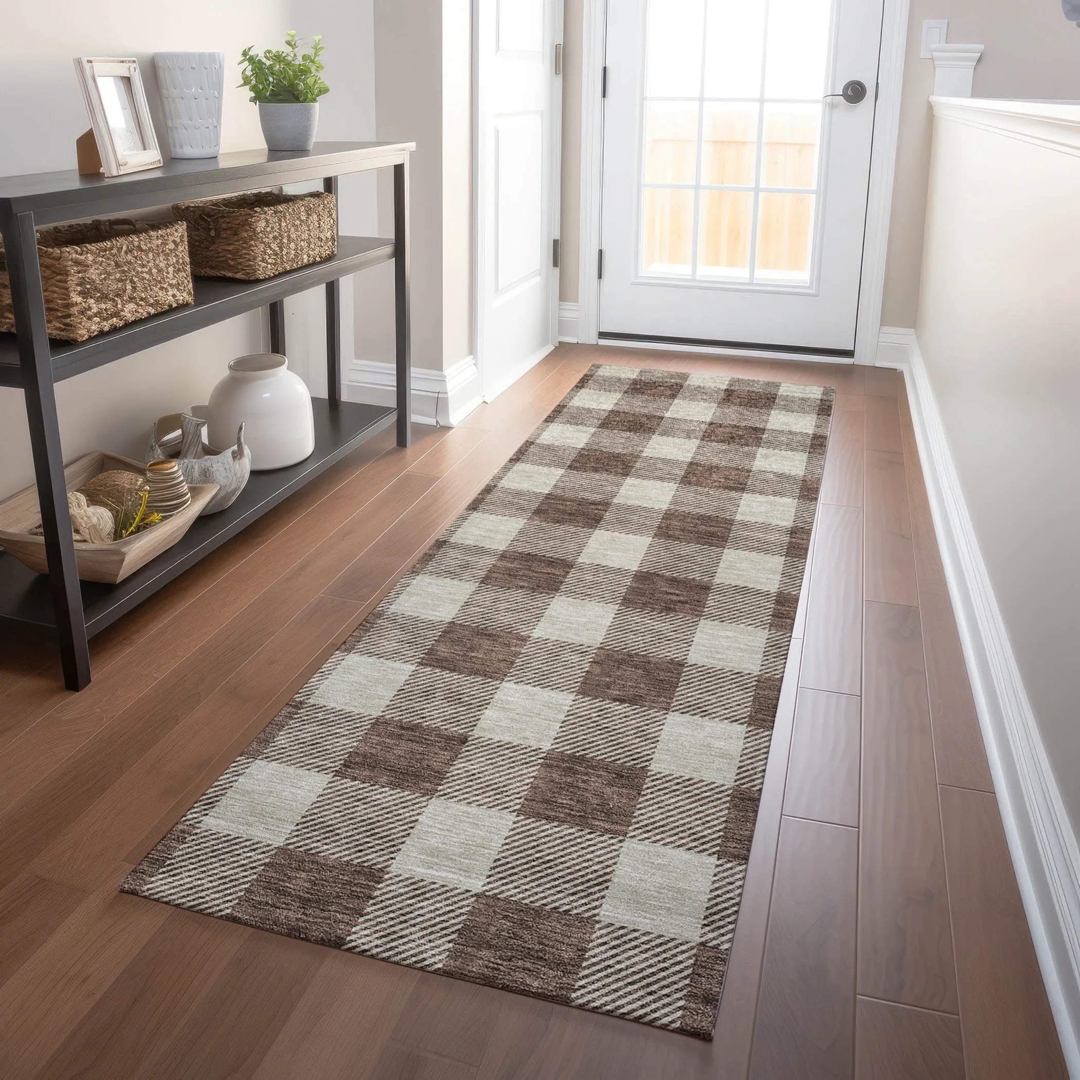 Machine Washable Indoor/ Outdoor Chantille Plaid Rug