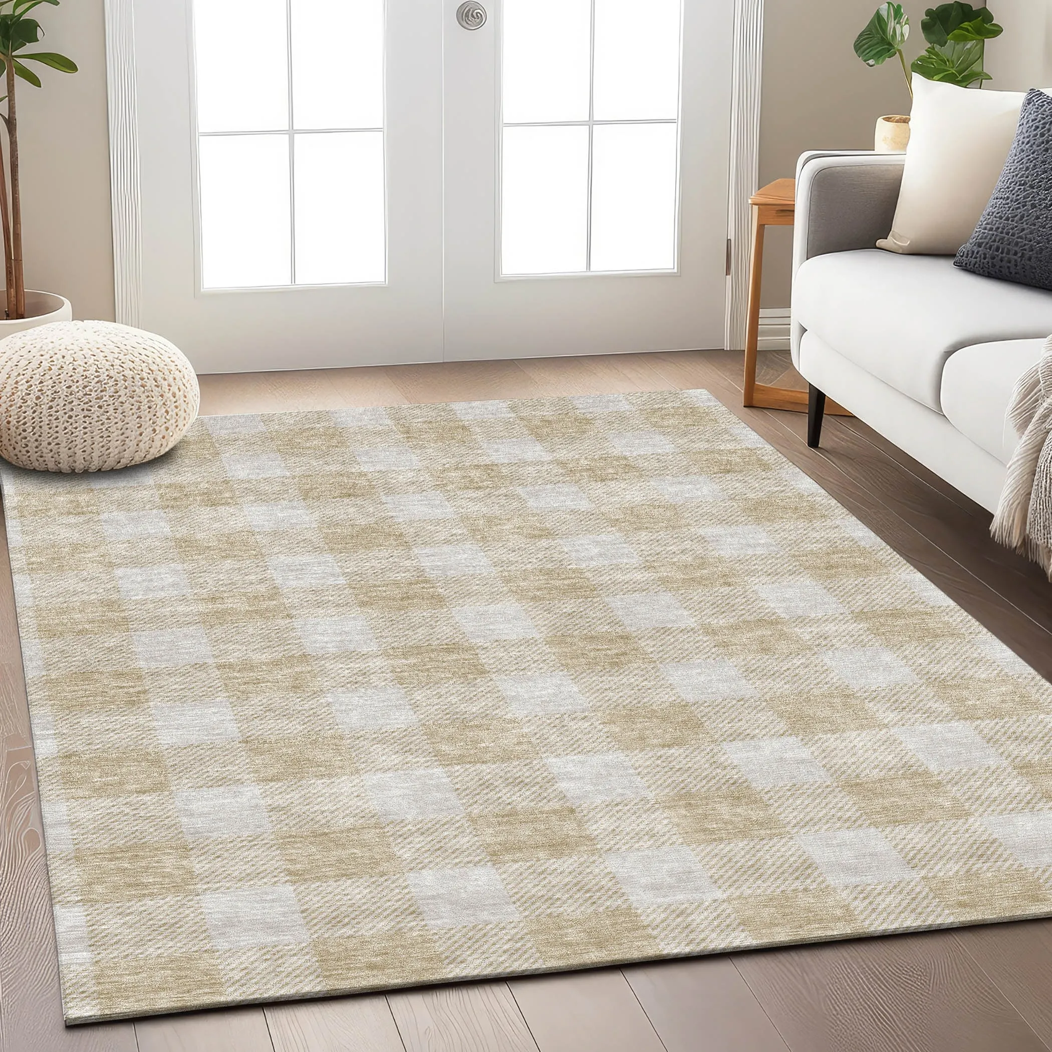 Machine Washable Indoor/ Outdoor Chantille Plaid Rug