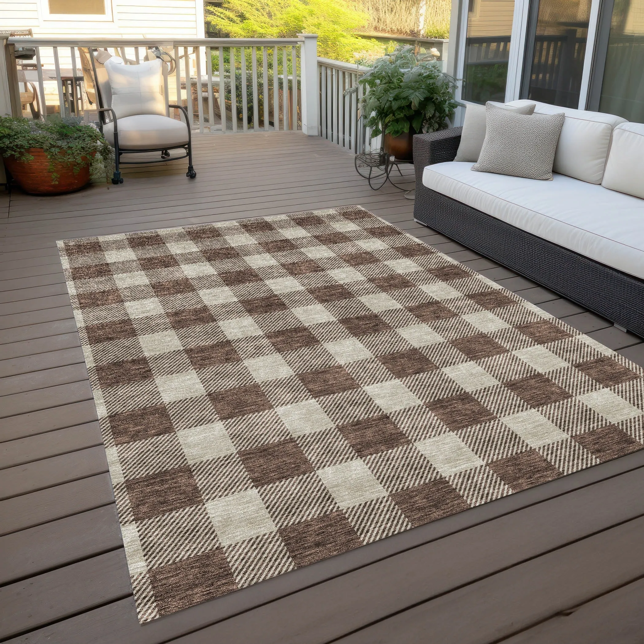 Machine Washable Indoor/ Outdoor Chantille Plaid Rug