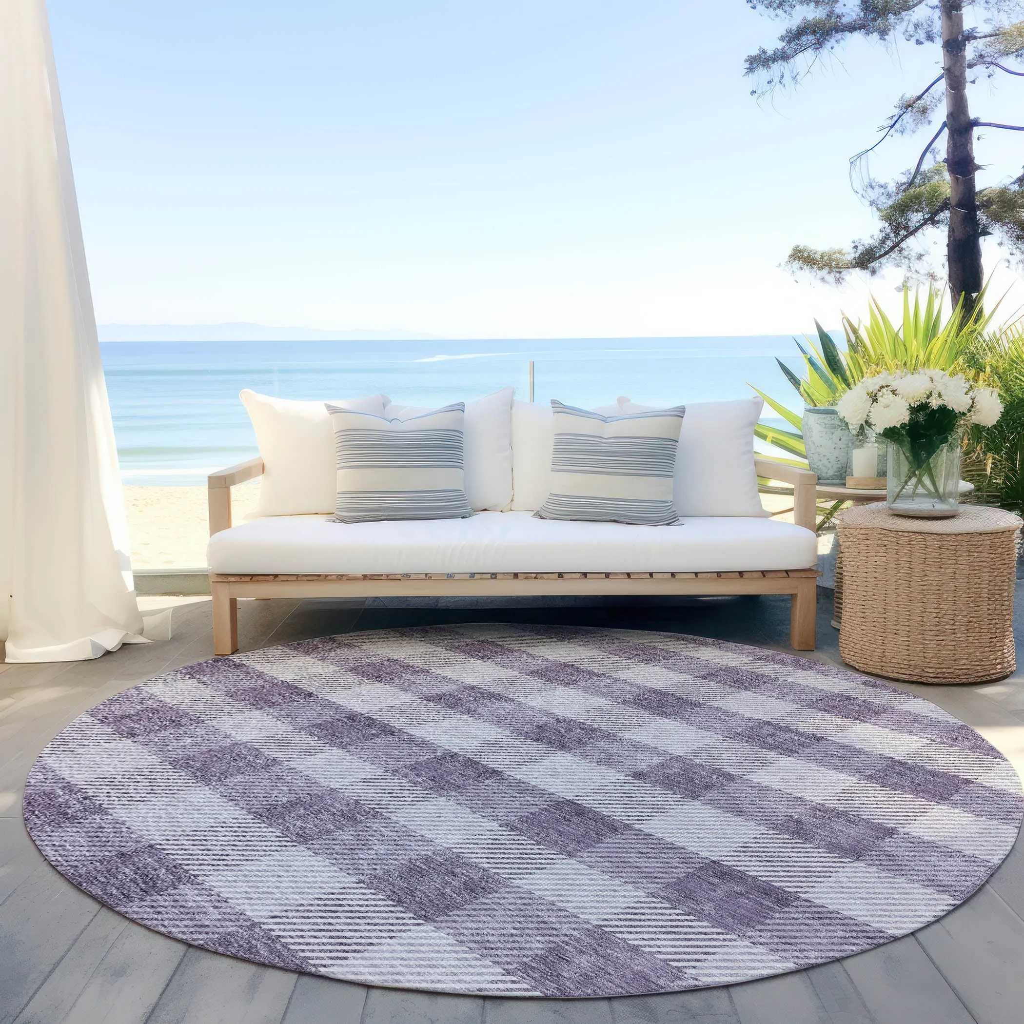 Machine Washable Indoor/ Outdoor Chantille Plaid Stripe Rug