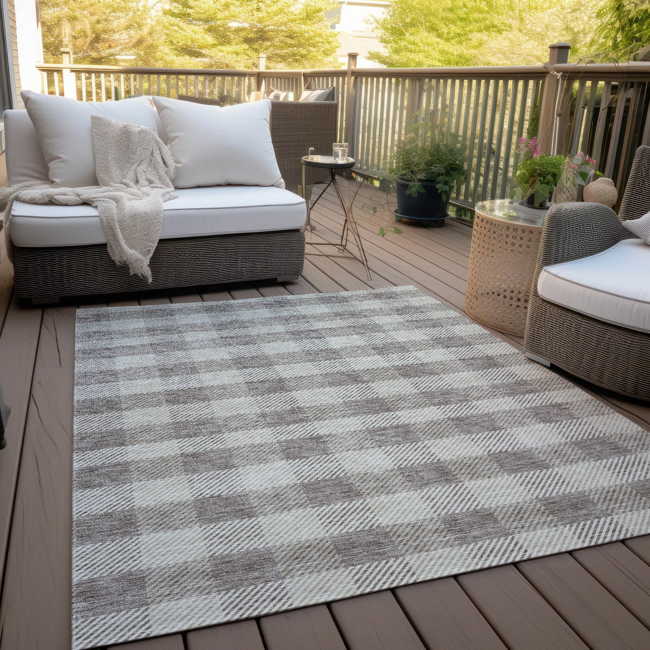 Machine Washable Indoor/ Outdoor Chantille Plaid Stripe Rug