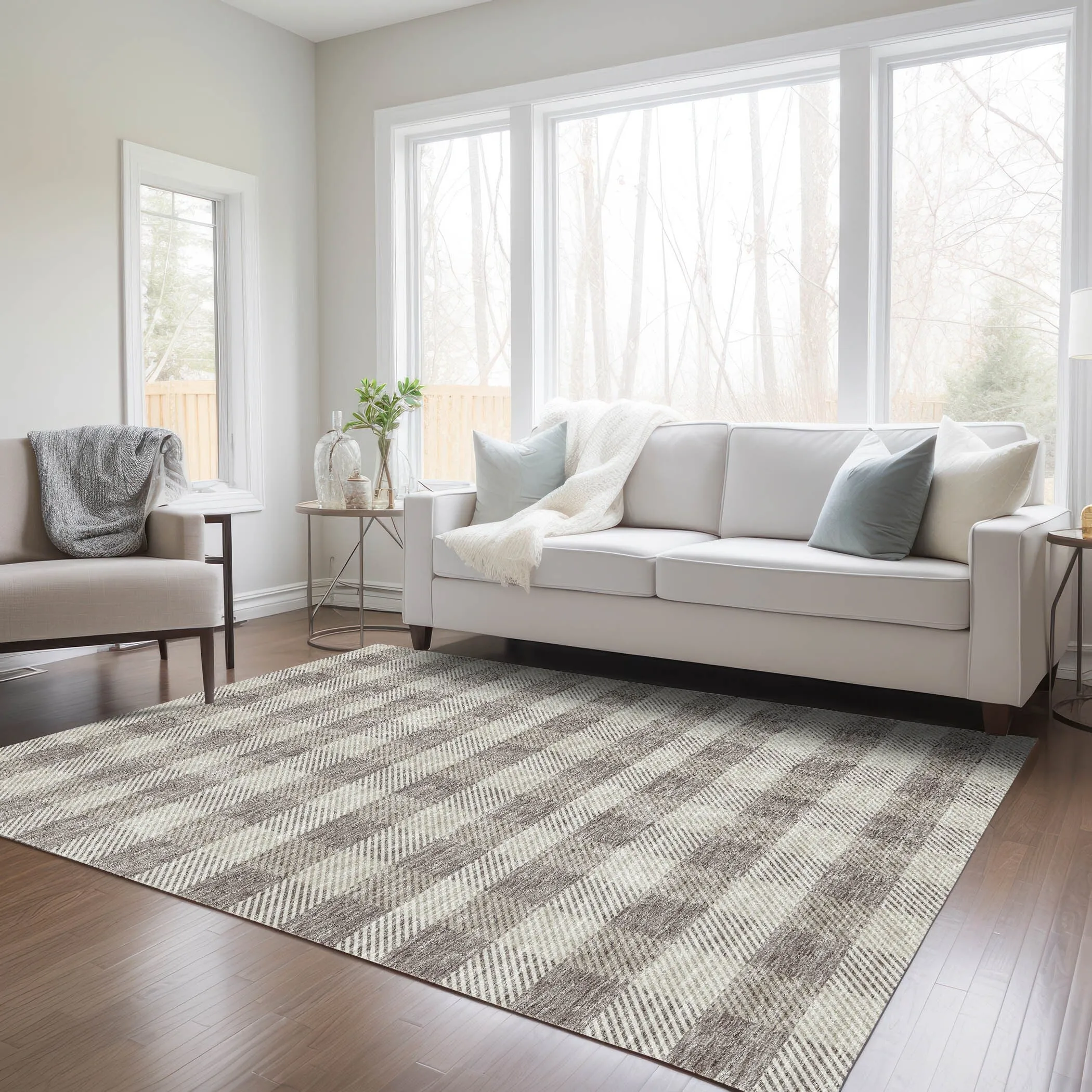 Machine Washable Indoor/ Outdoor Chantille Plaid Stripe Rug