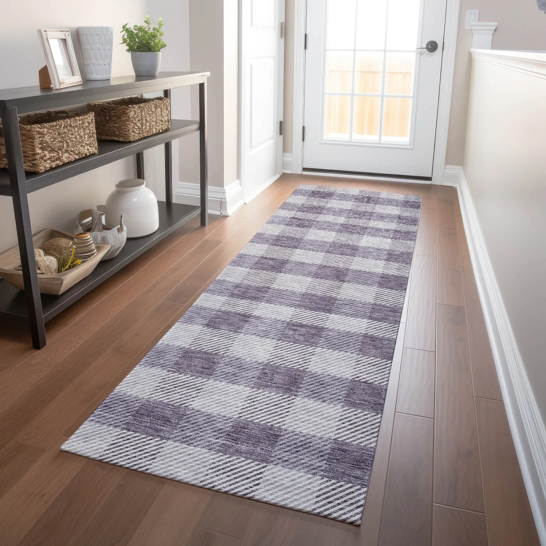 Machine Washable Indoor/ Outdoor Chantille Plaid Stripe Rug