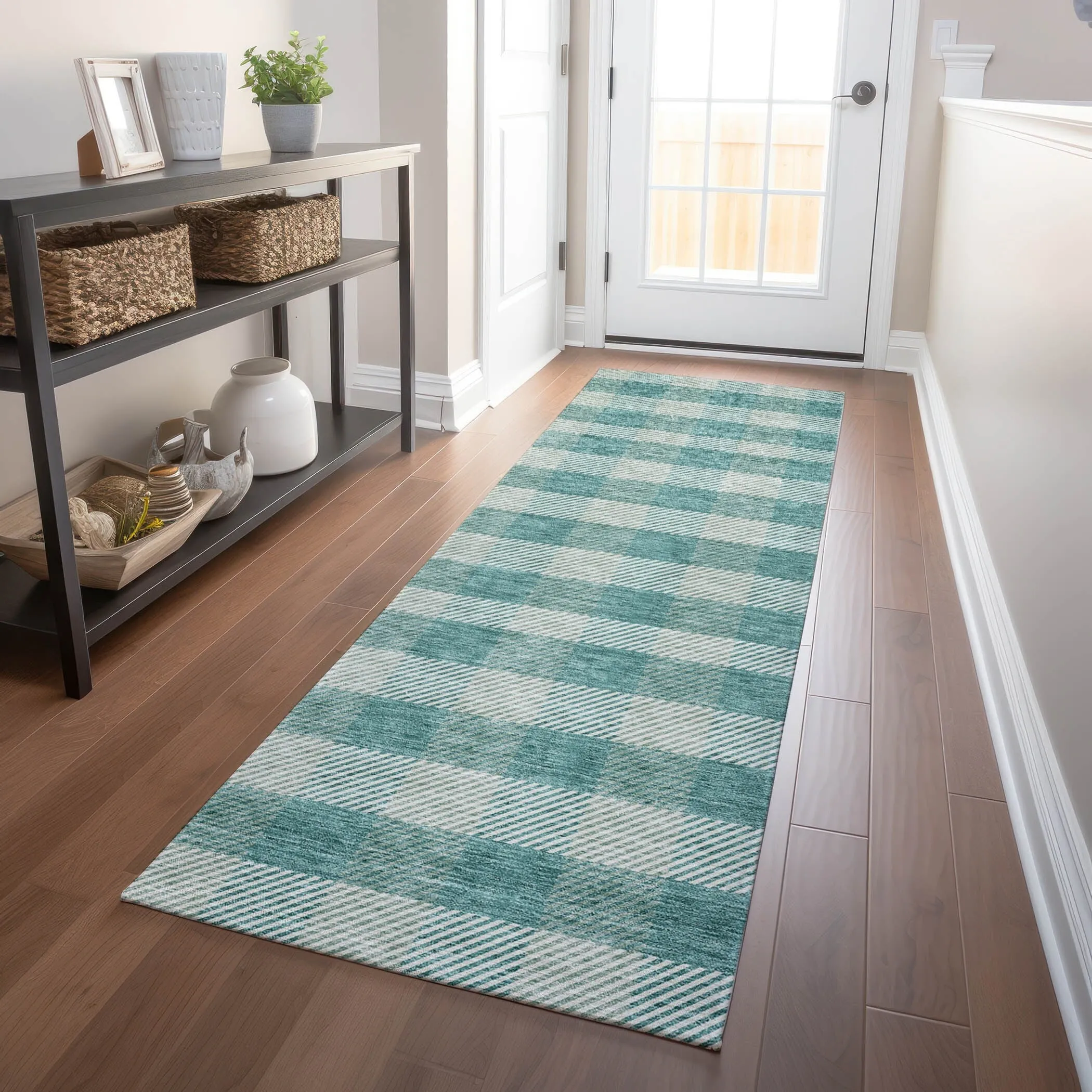 Machine Washable Indoor/ Outdoor Chantille Plaid Stripe Rug