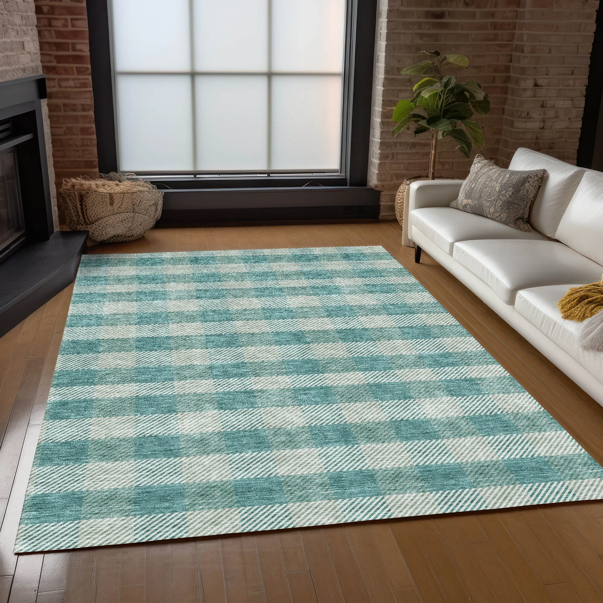 Machine Washable Indoor/ Outdoor Chantille Plaid Stripe Rug