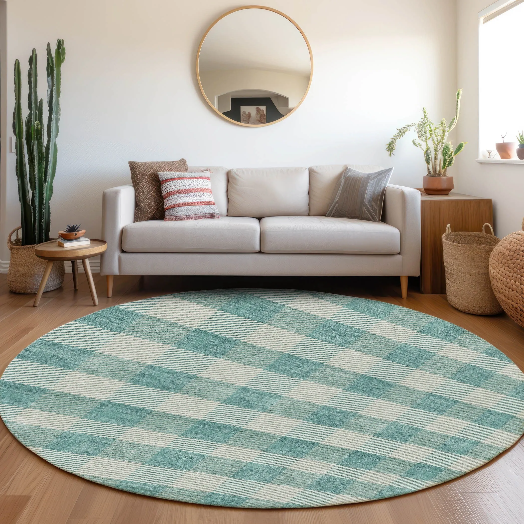 Machine Washable Indoor/ Outdoor Chantille Plaid Stripe Rug