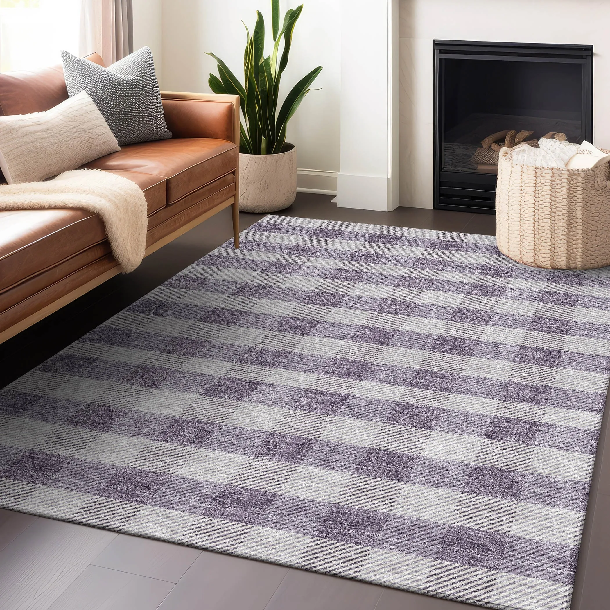 Machine Washable Indoor/ Outdoor Chantille Plaid Stripe Rug