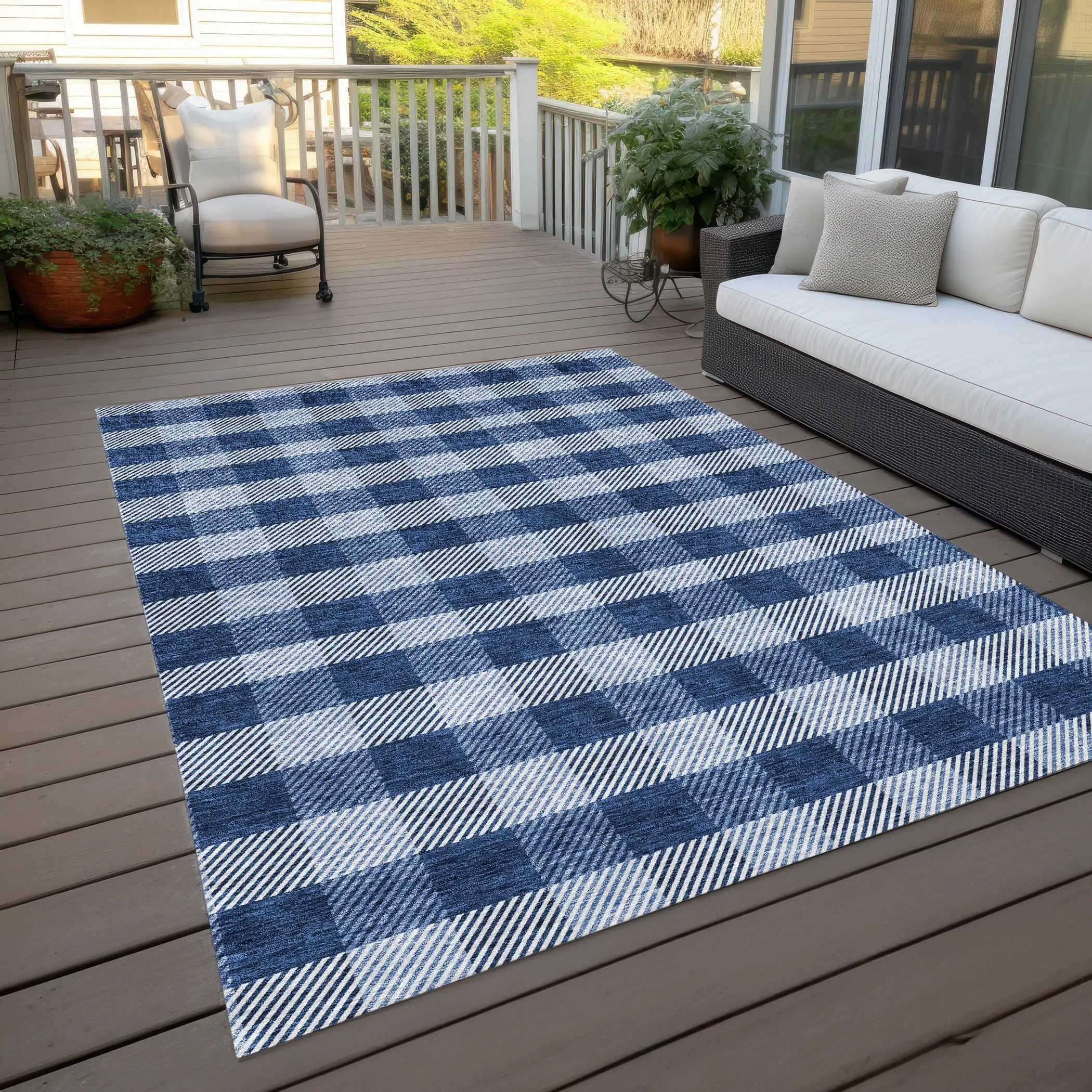 Machine Washable Indoor/ Outdoor Chantille Plaid Stripe Rug