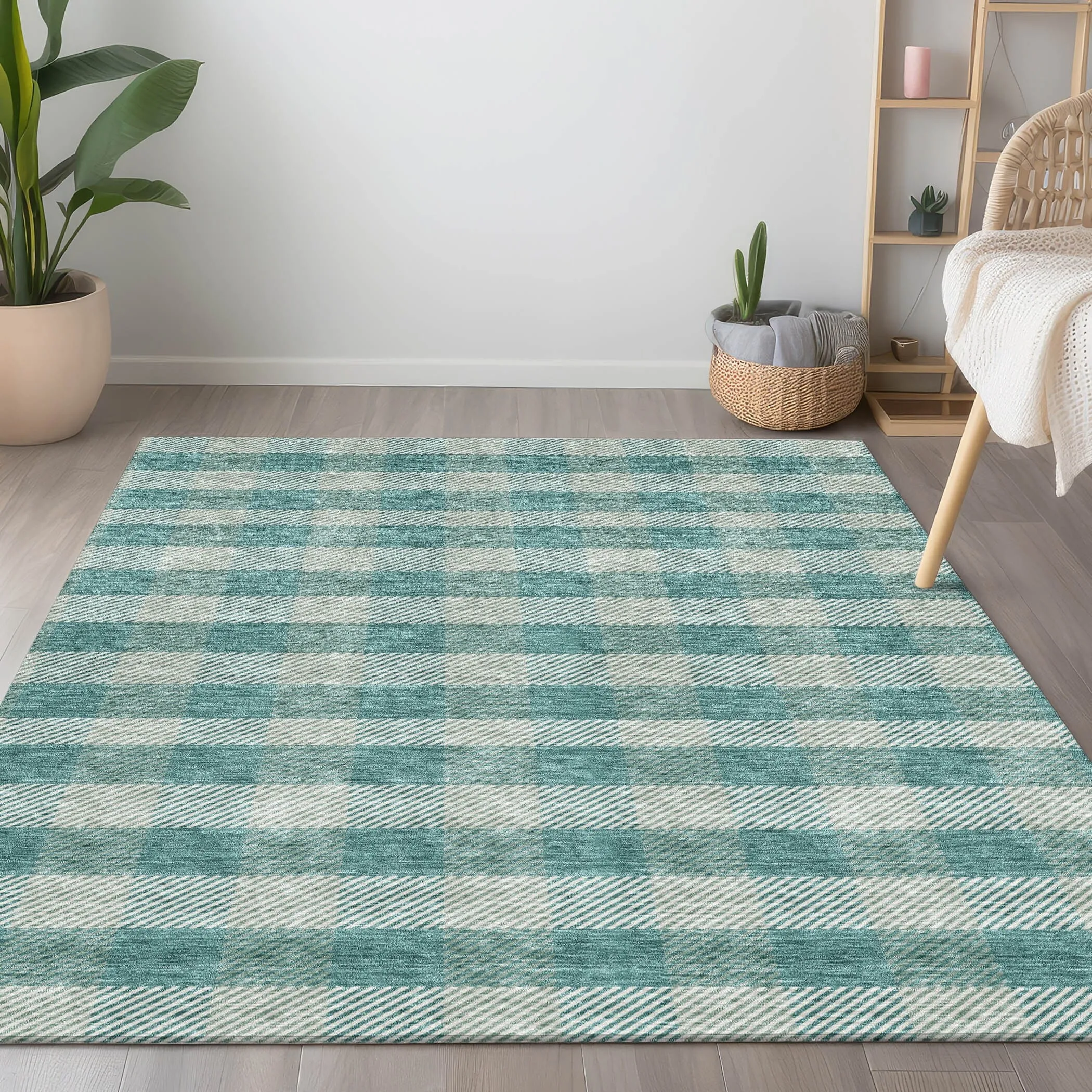 Machine Washable Indoor/ Outdoor Chantille Plaid Stripe Rug