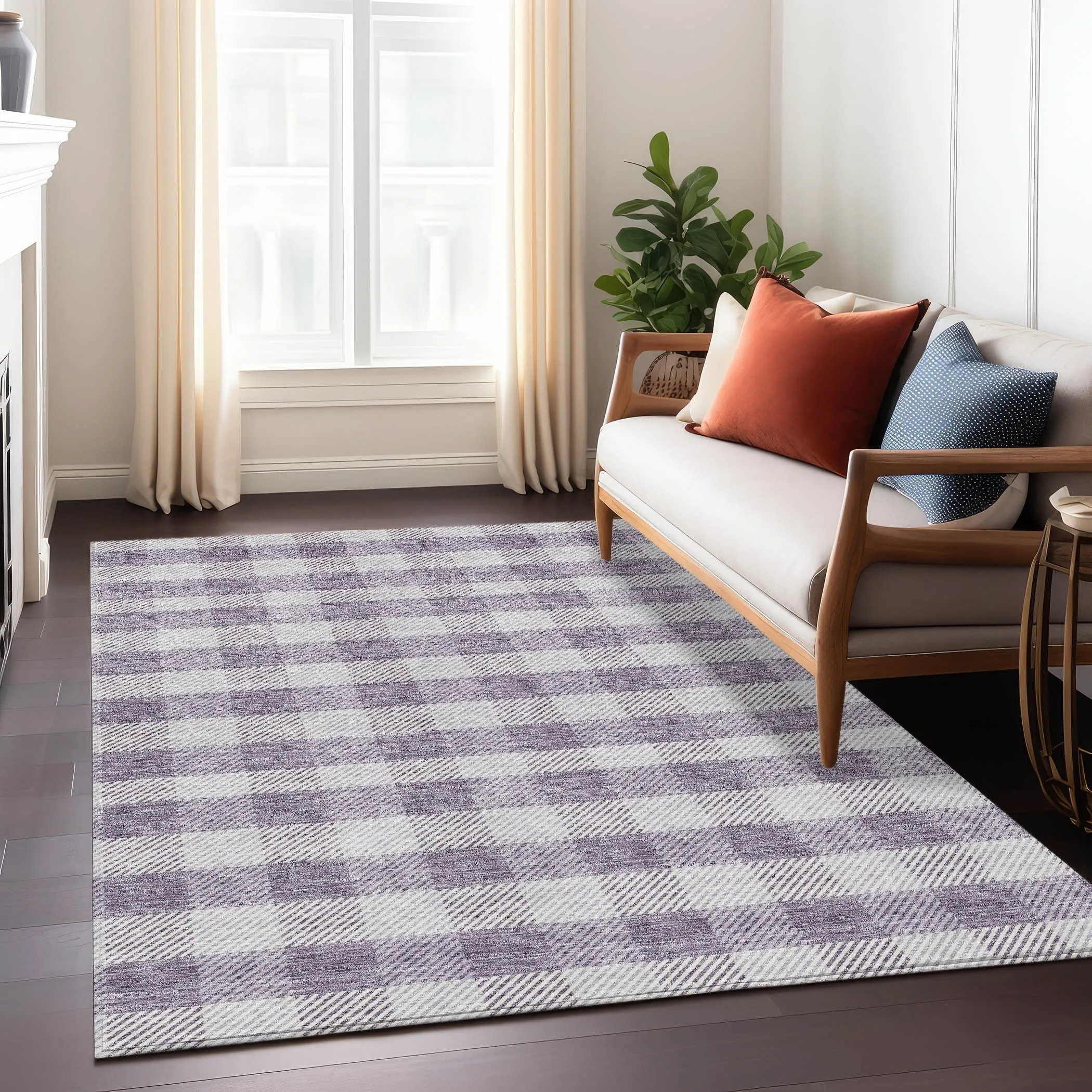 Machine Washable Indoor/ Outdoor Chantille Plaid Stripe Rug