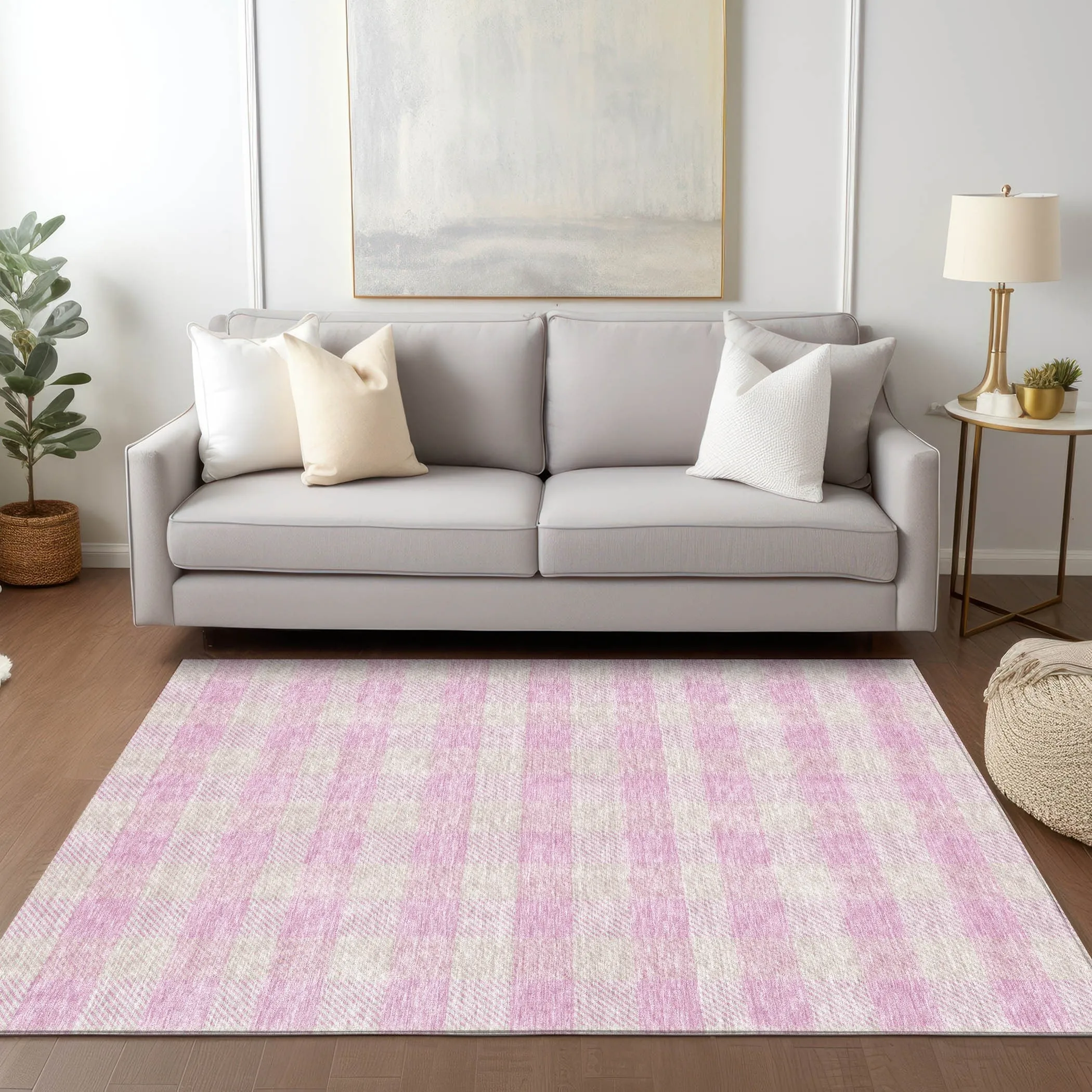 Machine Washable Indoor/ Outdoor Chantille Plaid Stripe Rug