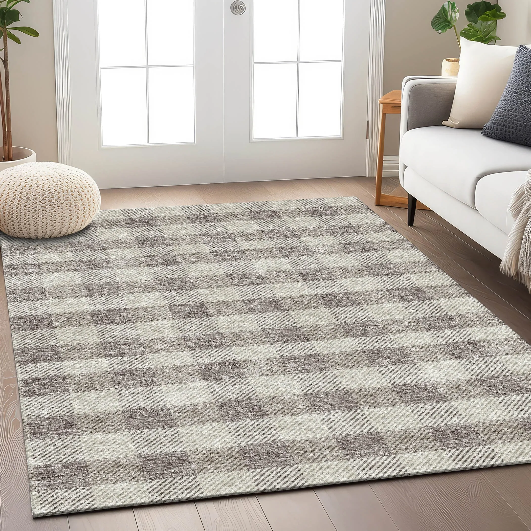 Machine Washable Indoor/ Outdoor Chantille Plaid Stripe Rug