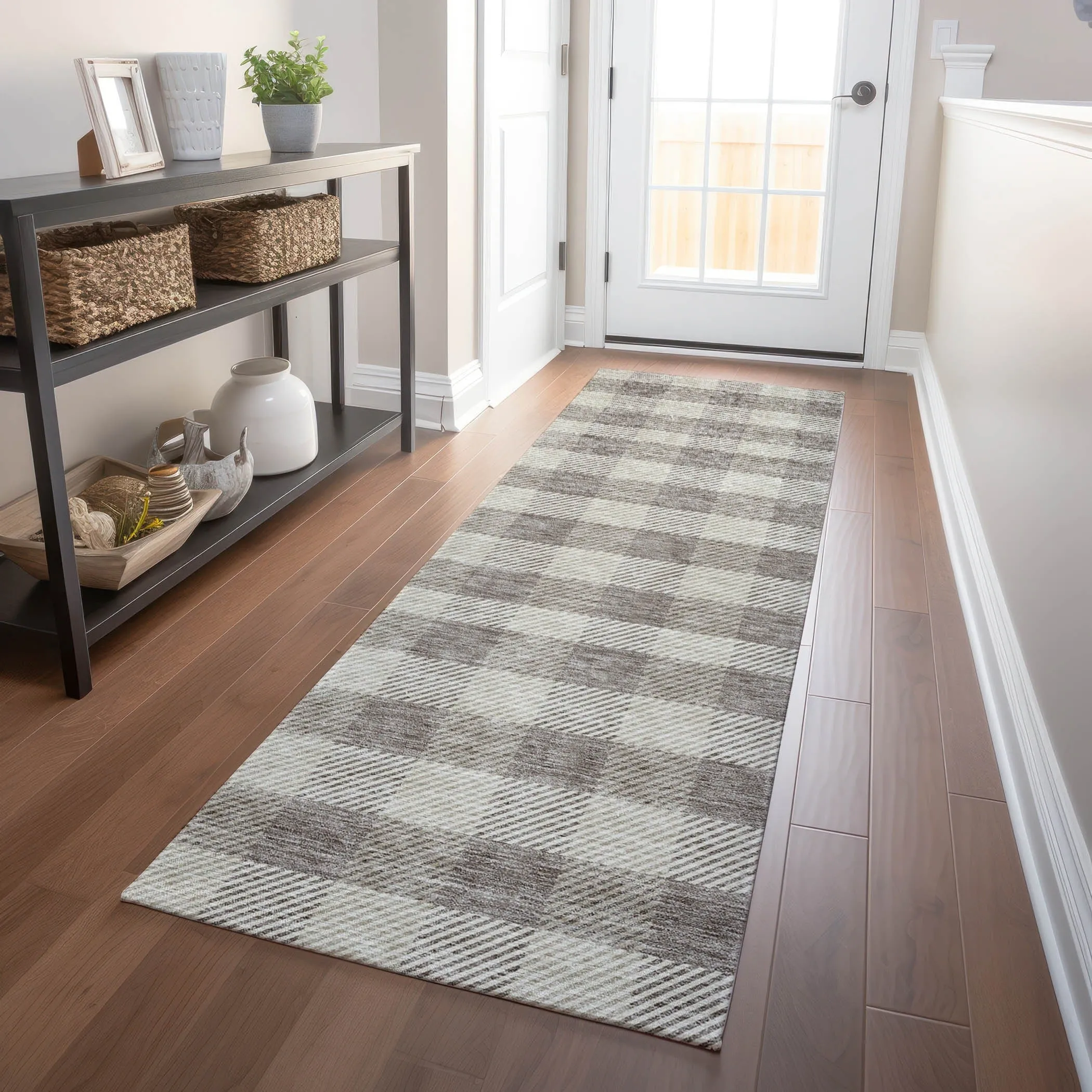 Machine Washable Indoor/ Outdoor Chantille Plaid Stripe Rug