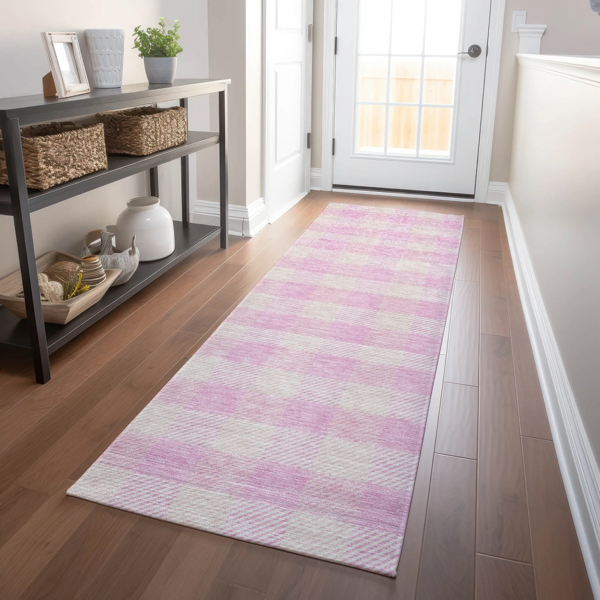 Machine Washable Indoor/ Outdoor Chantille Plaid Stripe Rug