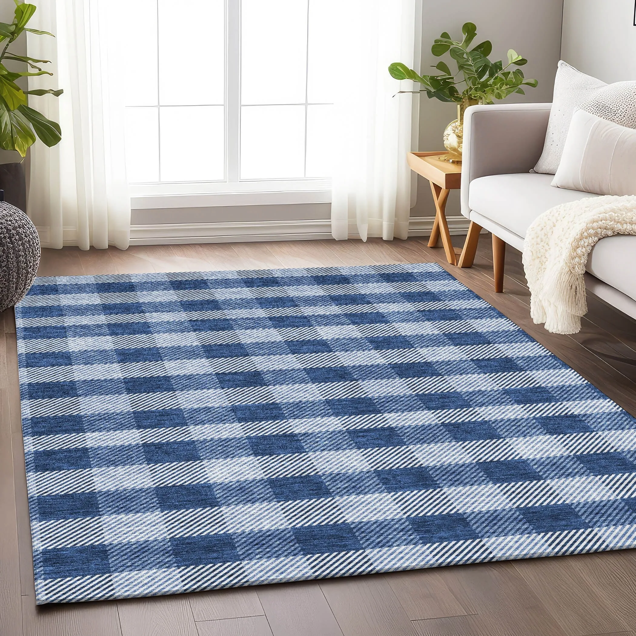 Machine Washable Indoor/ Outdoor Chantille Plaid Stripe Rug