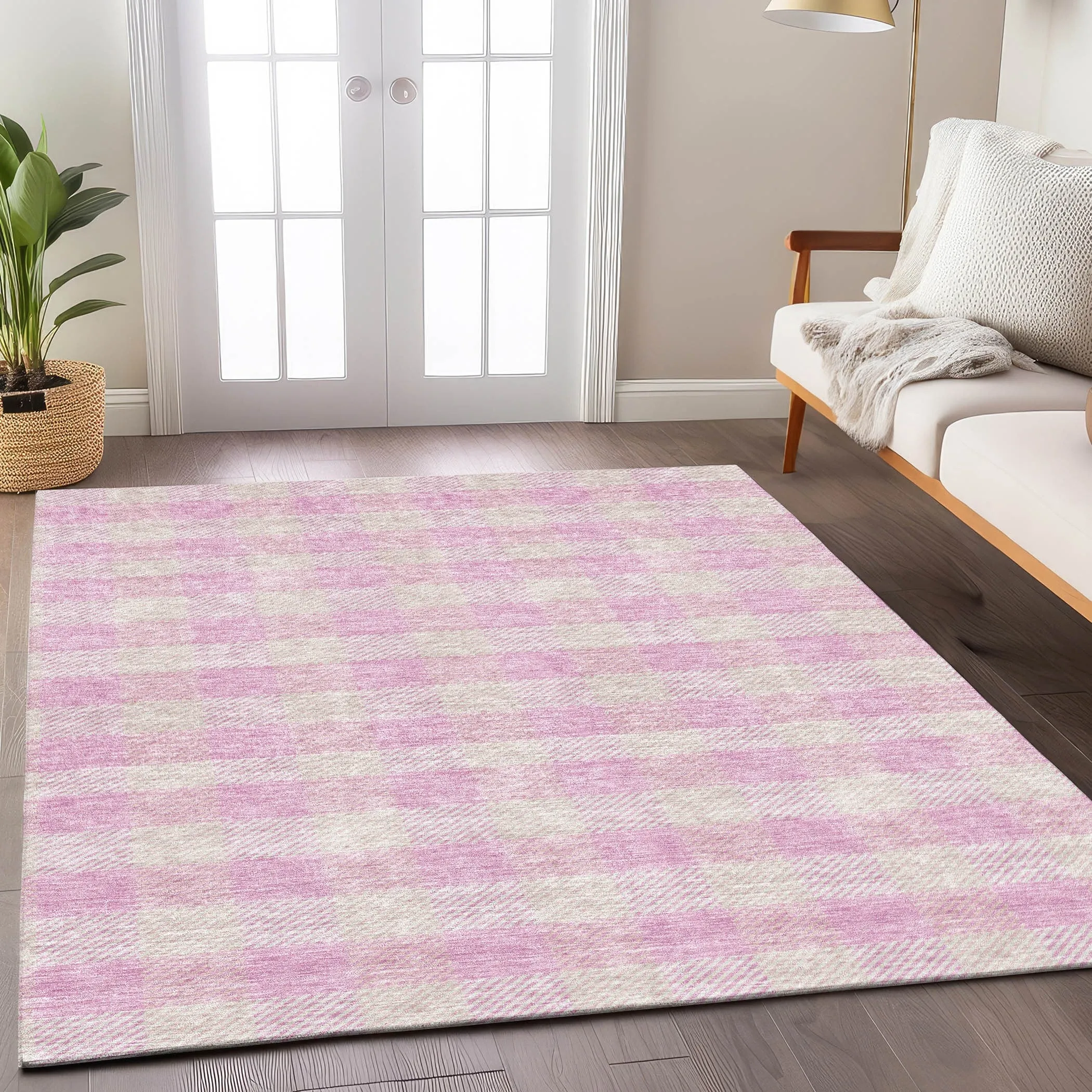 Machine Washable Indoor/ Outdoor Chantille Plaid Stripe Rug