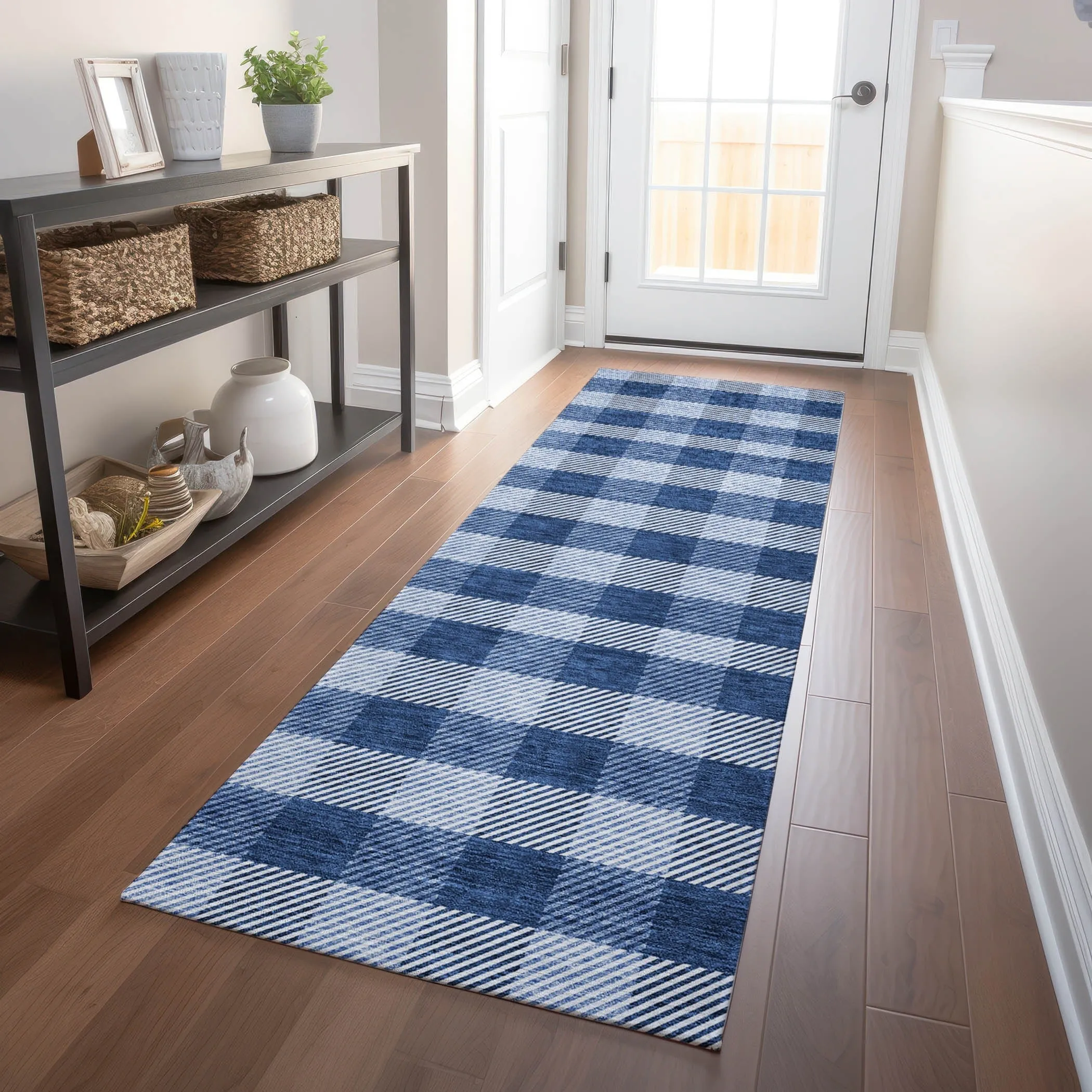 Machine Washable Indoor/ Outdoor Chantille Plaid Stripe Rug
