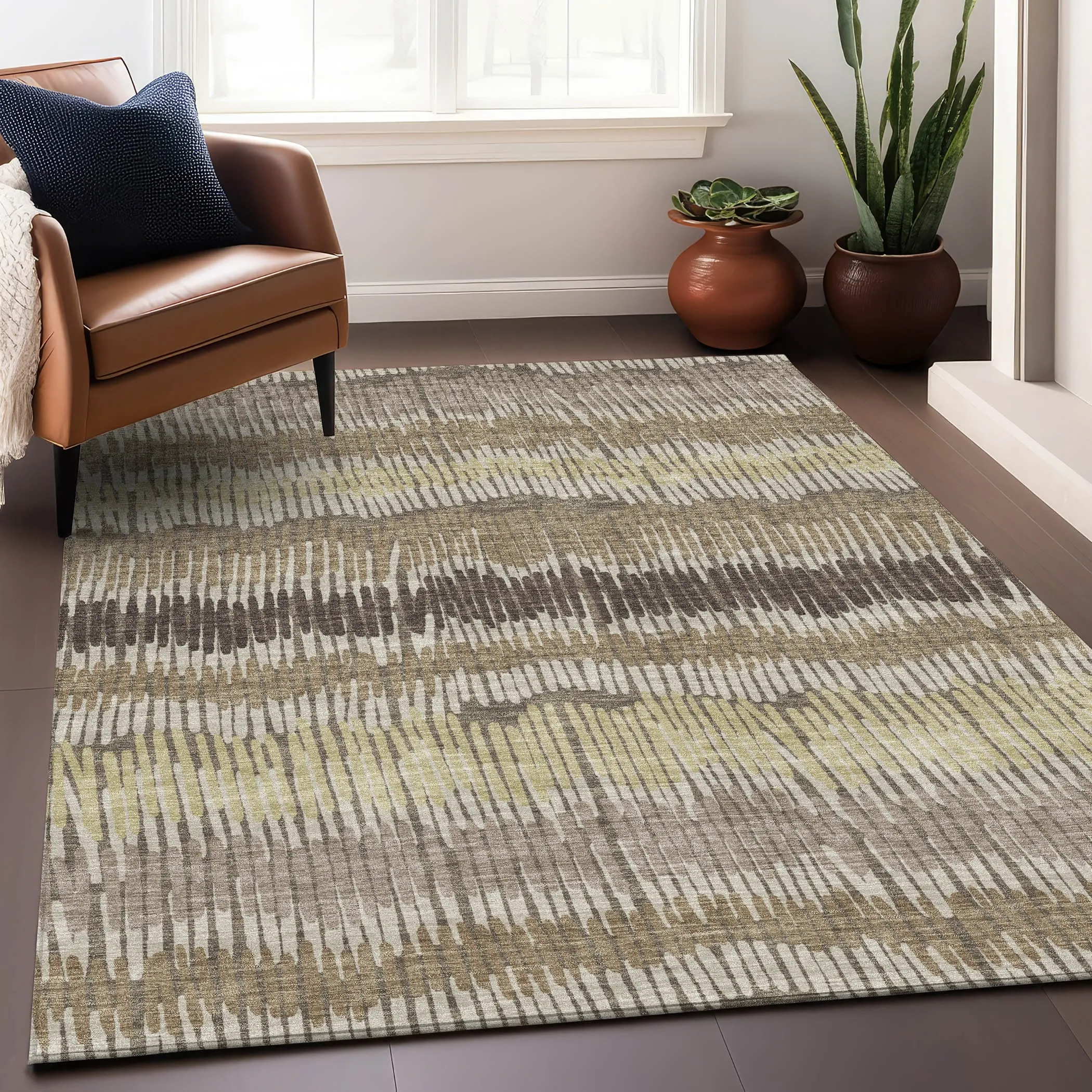 Machine Washable Indoor/ Outdoor Chantille Stripe Abstract Rug