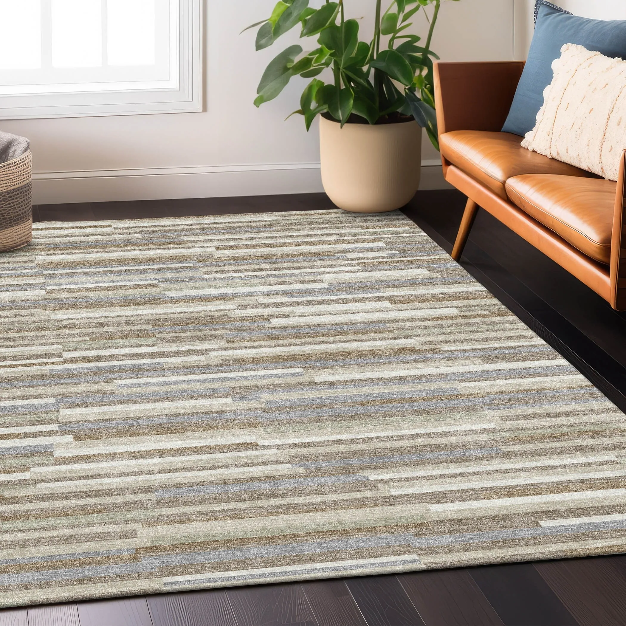 Machine Washable Indoor/ Outdoor Chantille Stripes Modern Rug