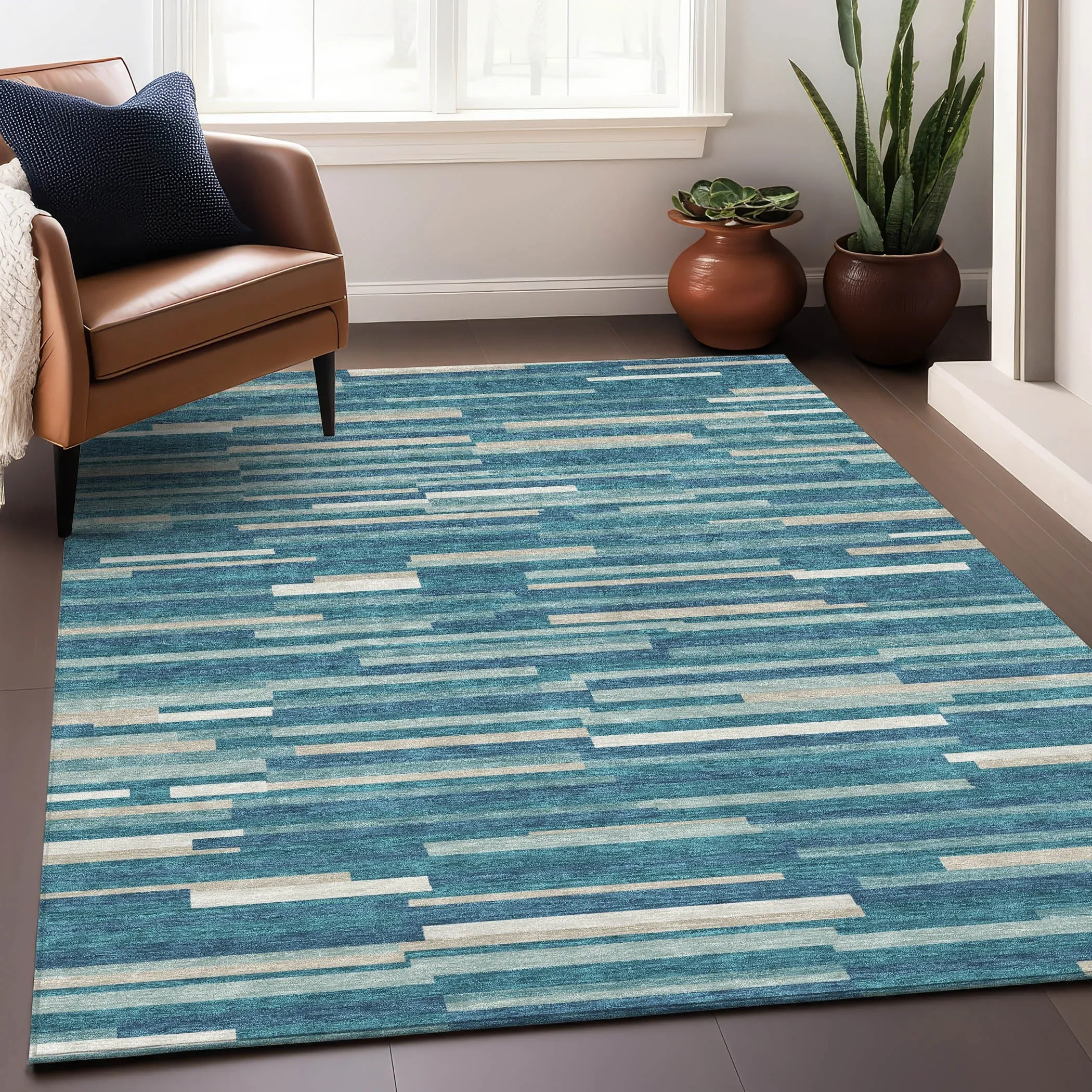 Machine Washable Indoor/ Outdoor Chantille Stripes Modern Rug
