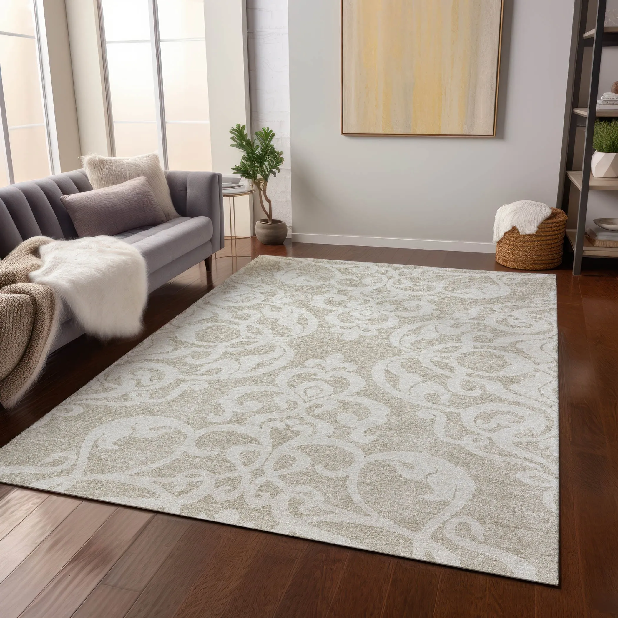 Machine Washable Indoor/ Outdoor Damask Glam Chantille Rug