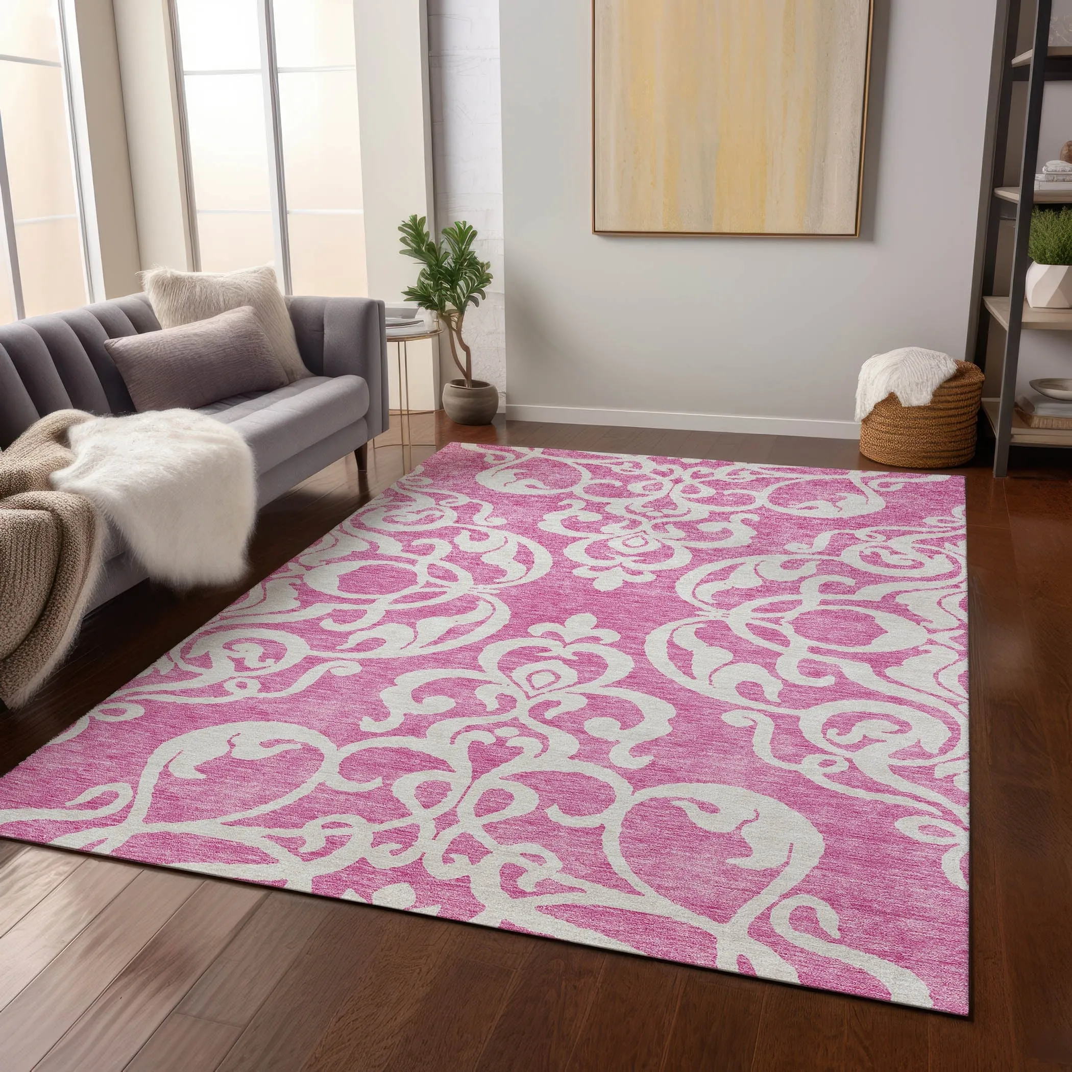 Machine Washable Indoor/ Outdoor Damask Glam Chantille Rug