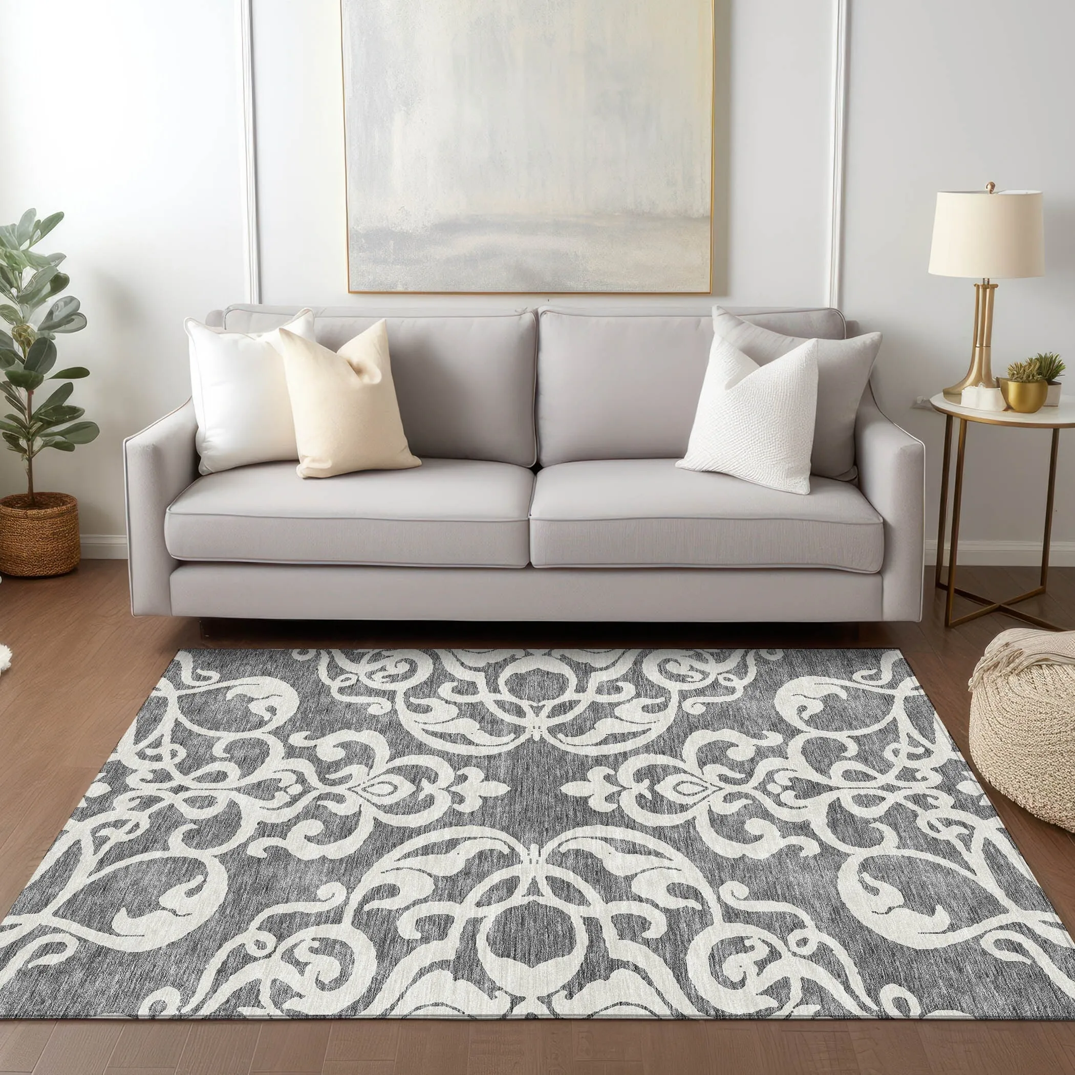 Machine Washable Indoor/ Outdoor Damask Glam Chantille Rug