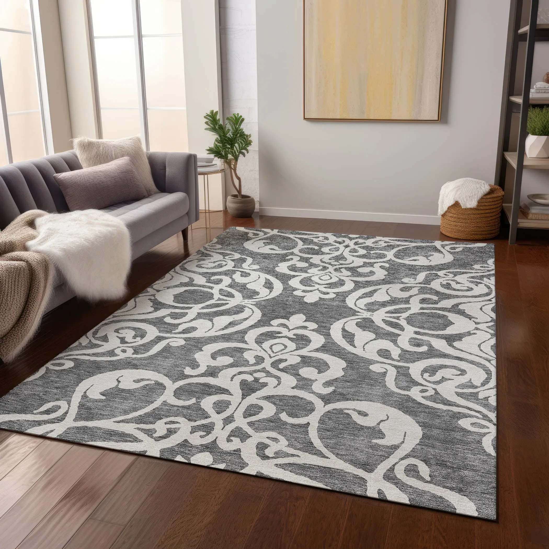 Machine Washable Indoor/ Outdoor Damask Glam Chantille Rug