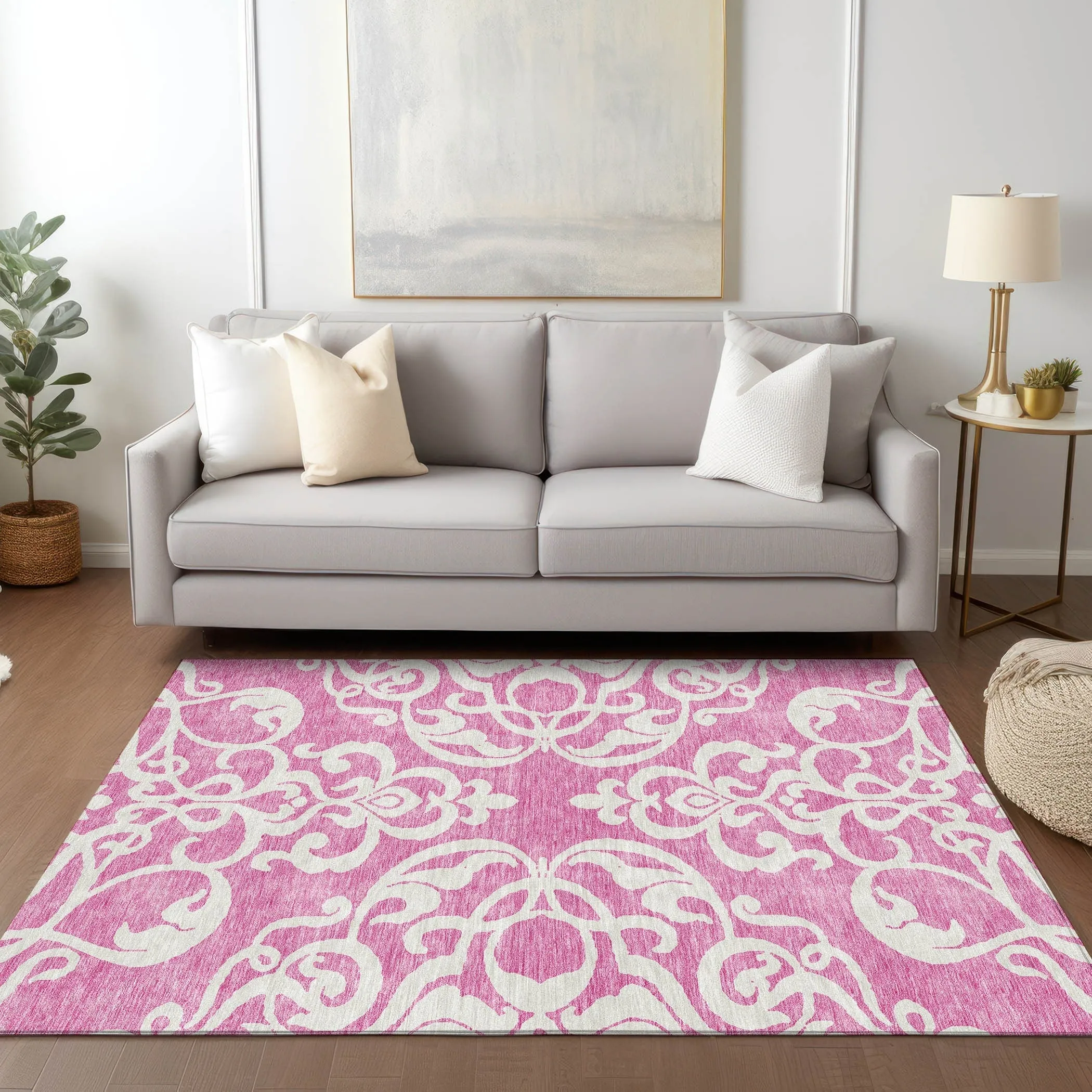 Machine Washable Indoor/ Outdoor Damask Glam Chantille Rug