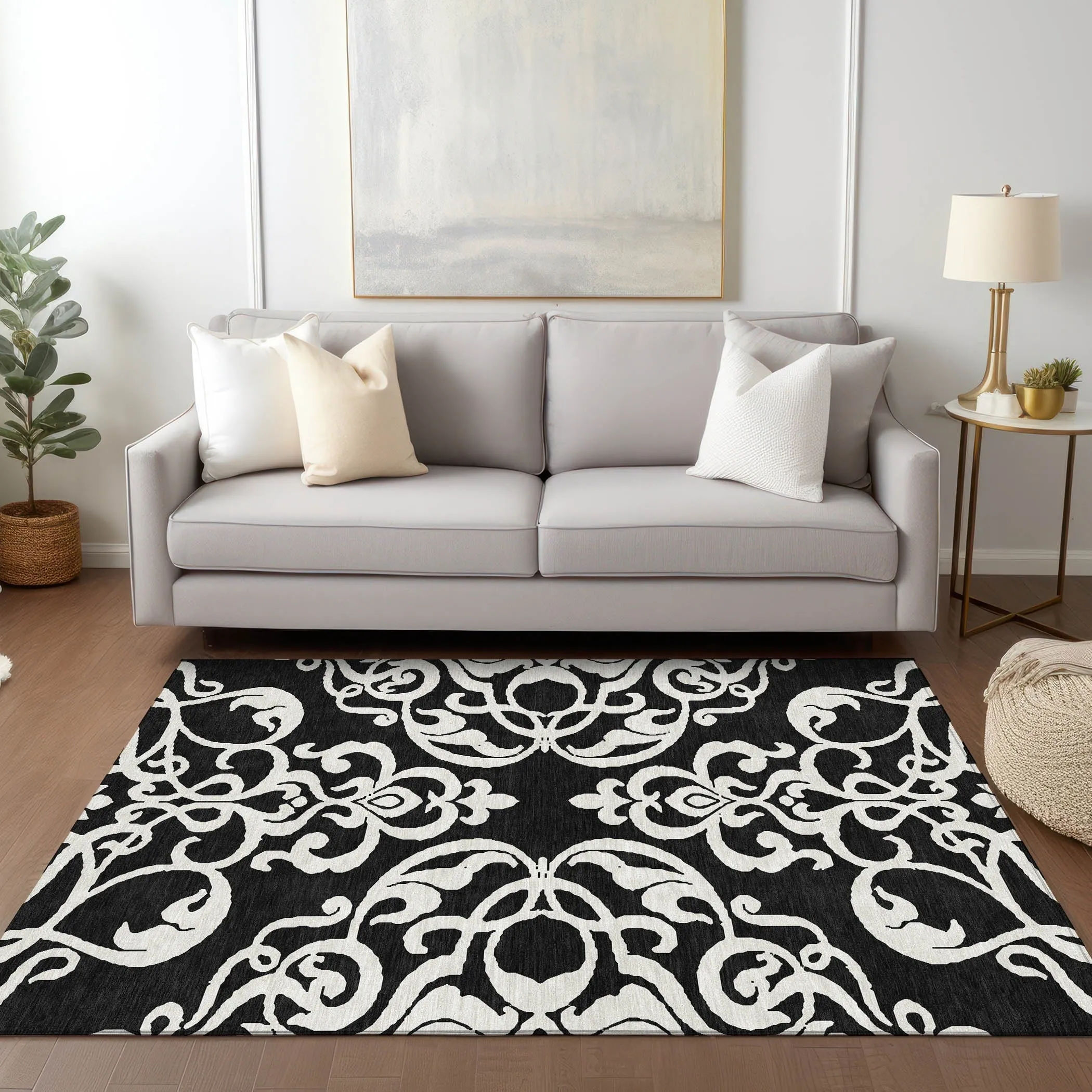 Machine Washable Indoor/ Outdoor Damask Glam Chantille Rug