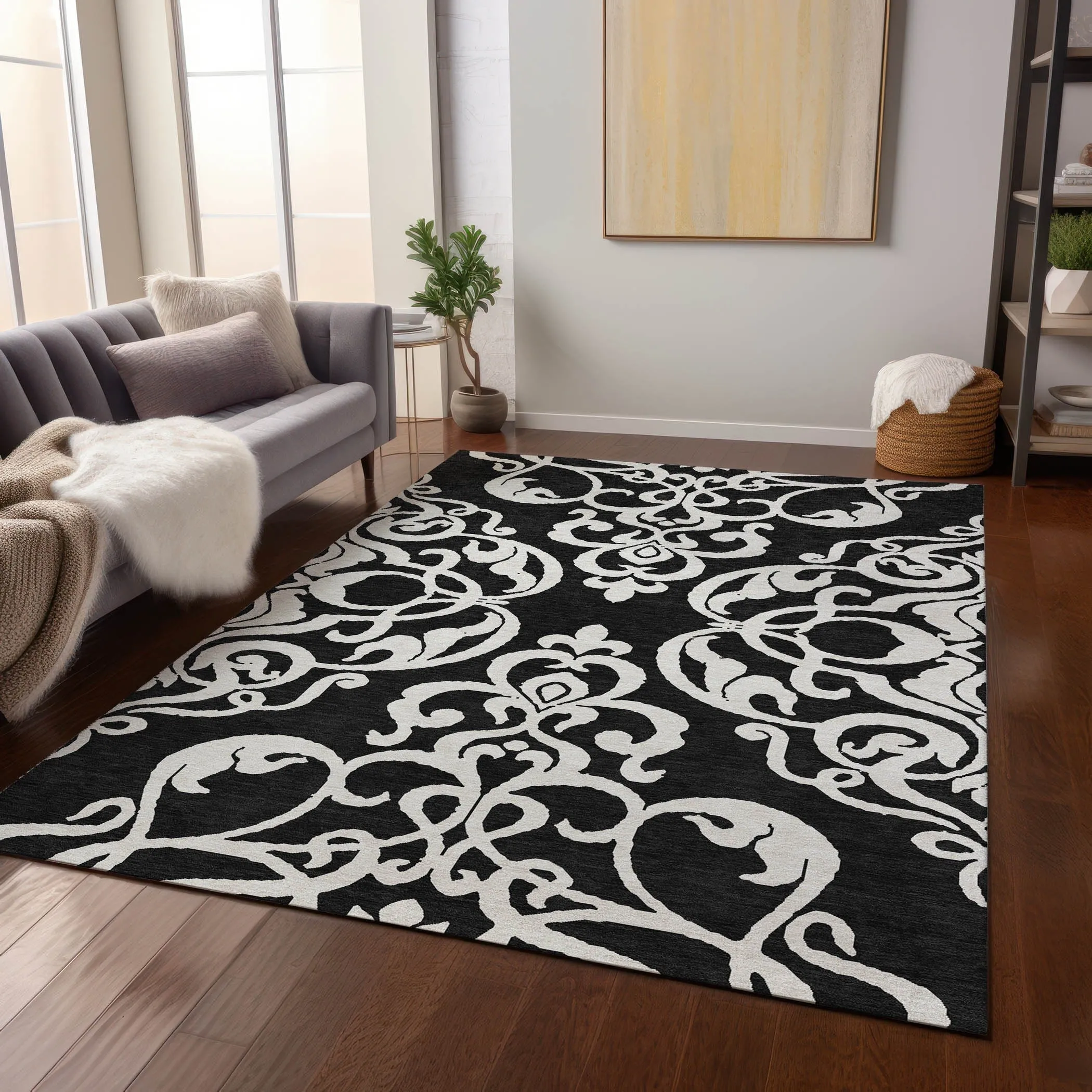 Machine Washable Indoor/ Outdoor Damask Glam Chantille Rug