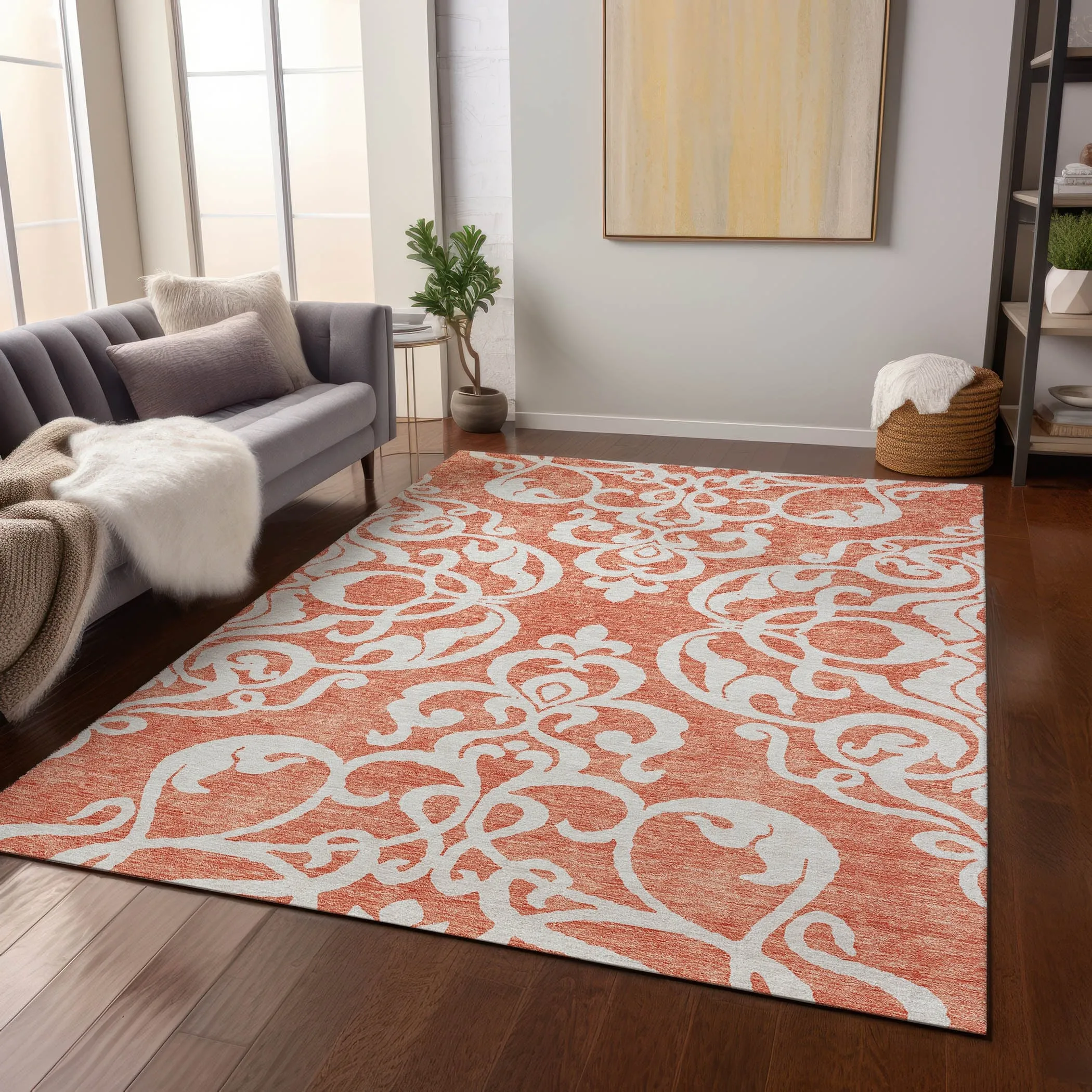 Machine Washable Indoor/ Outdoor Damask Glam Chantille Rug