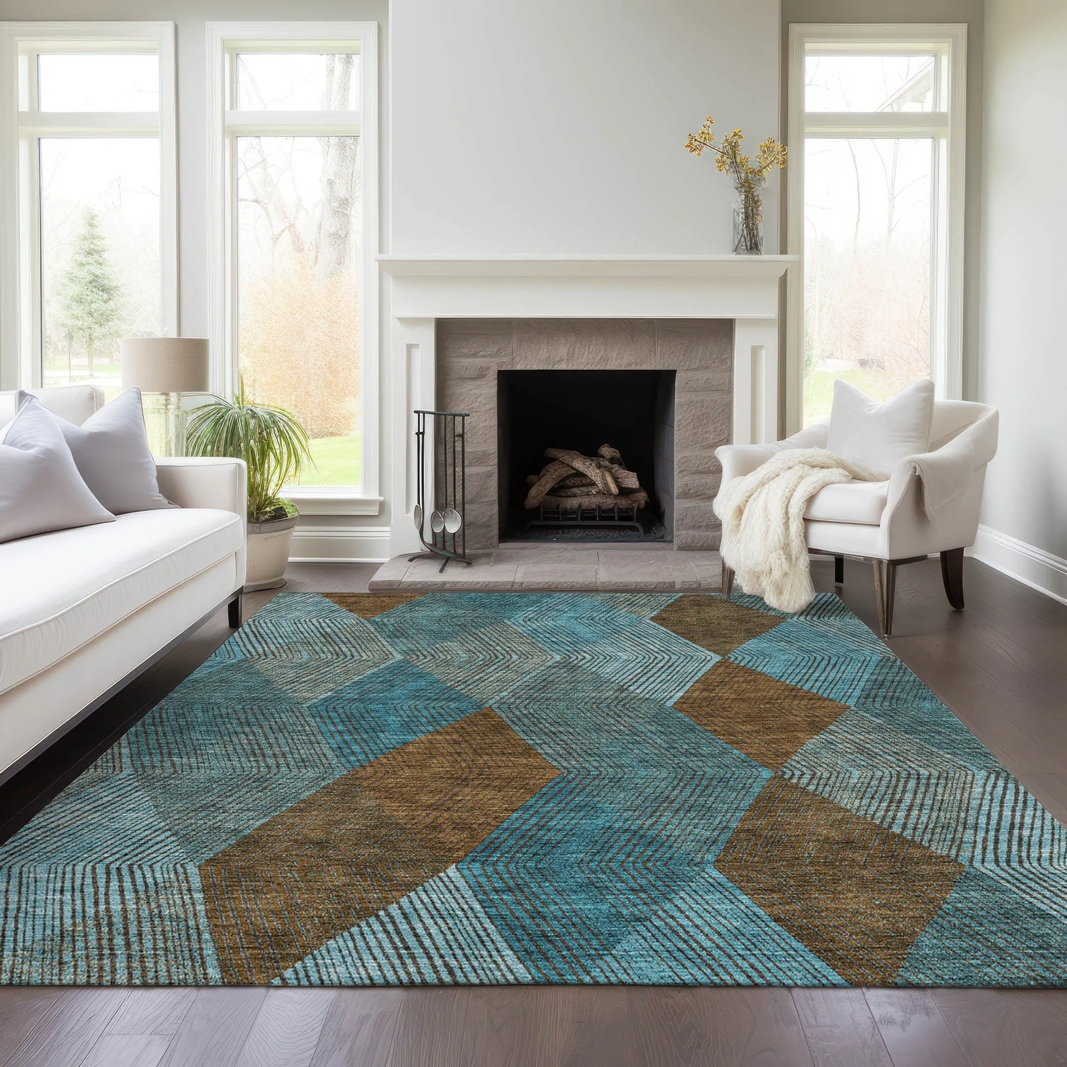 Machine Washable Indoor/ Outdoor Diamond Stripes Chantille Rug