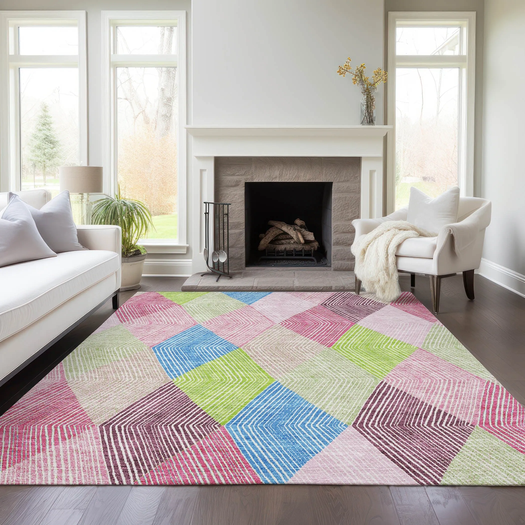 Machine Washable Indoor/ Outdoor Diamond Stripes Chantille Rug