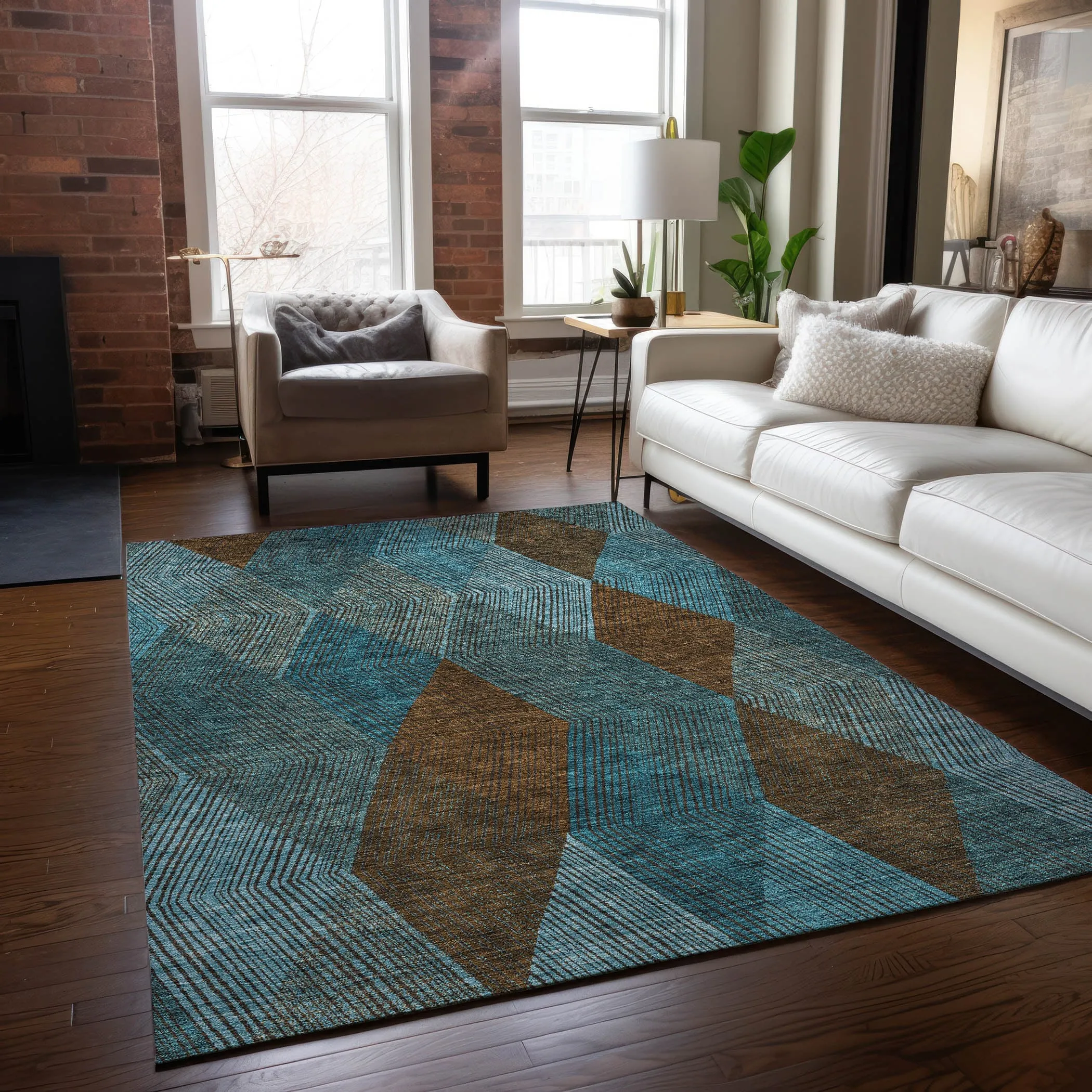 Machine Washable Indoor/ Outdoor Diamond Stripes Chantille Rug