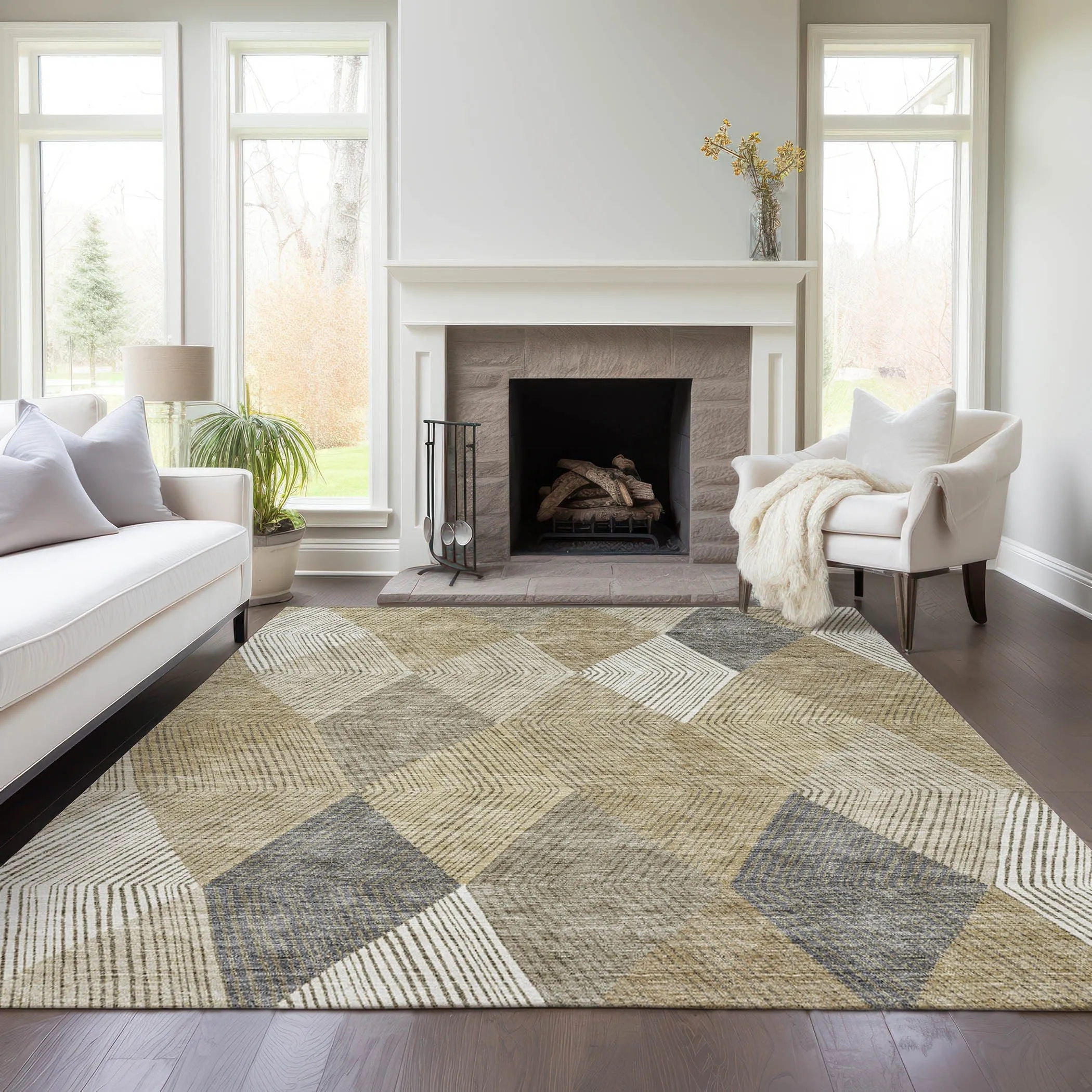 Machine Washable Indoor/ Outdoor Diamond Stripes Chantille Rug