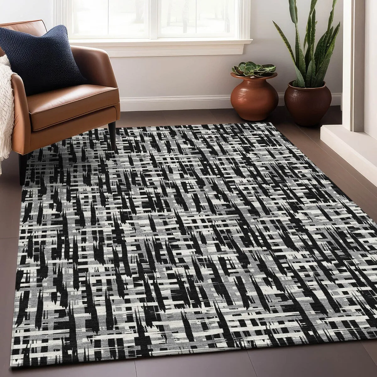 Machine Washable Indoor/ Outdoor Modern Crosshatch Chantille Rug