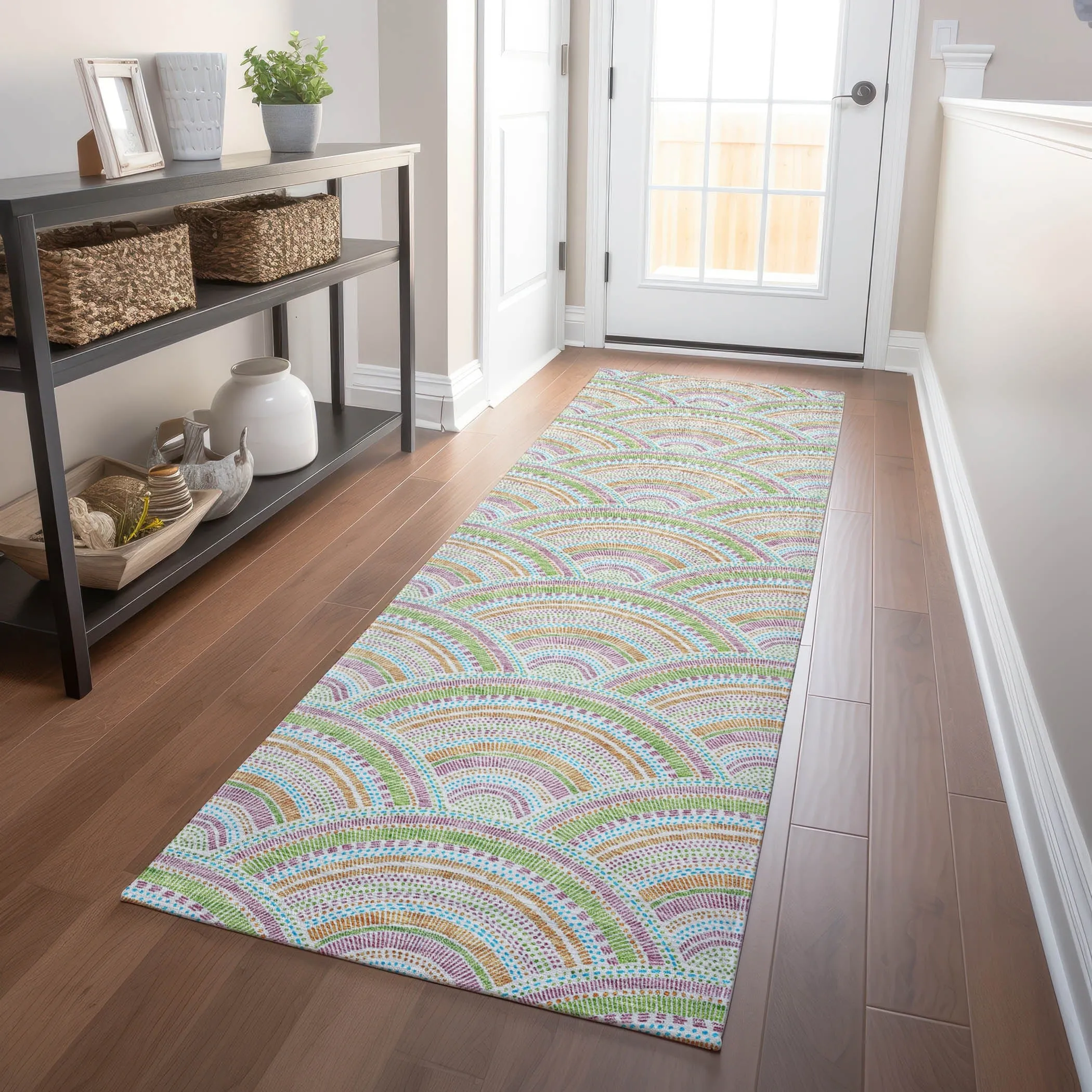 Machine Washable Indoor/ Outdoor Modern Mosaic Chantille Rug
