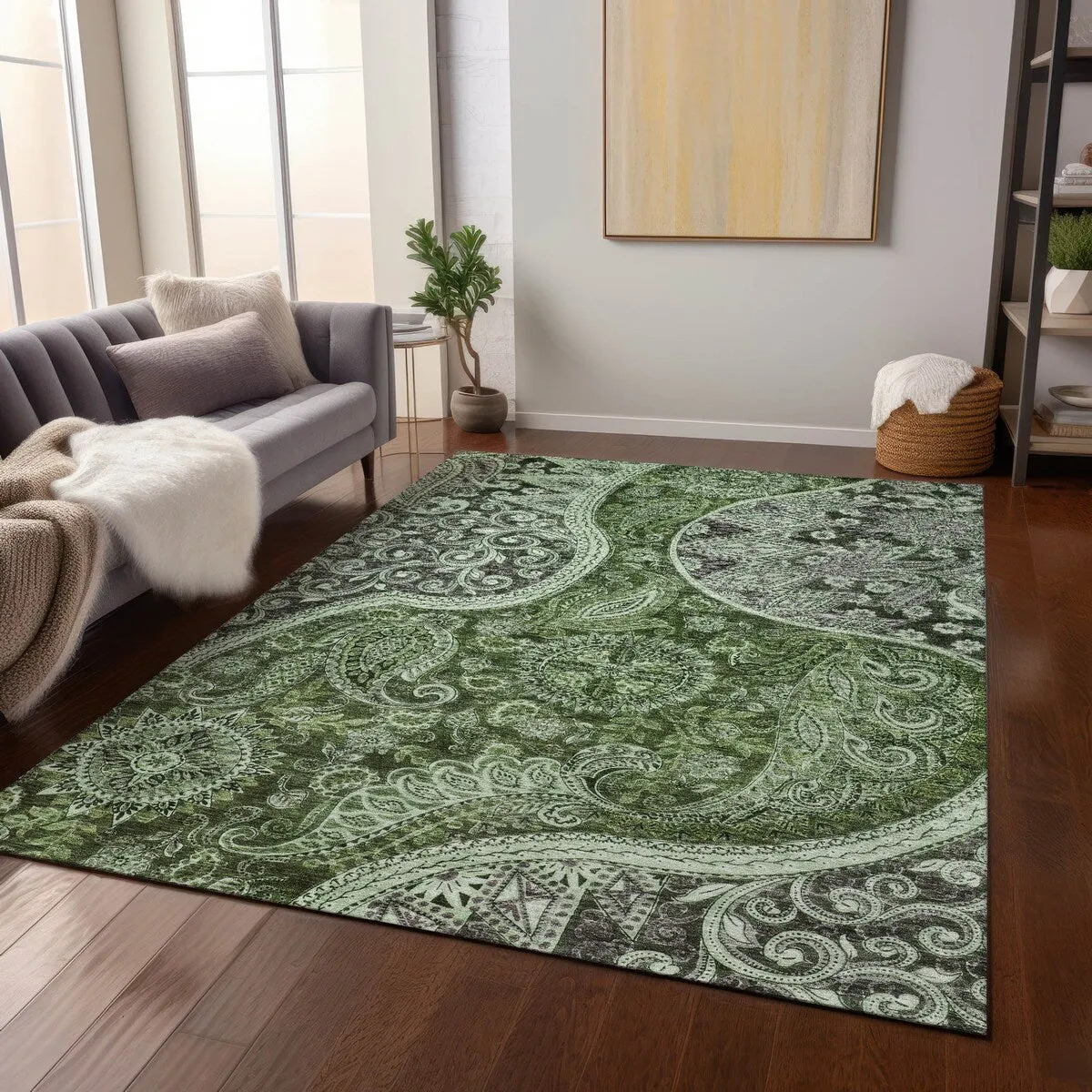 Machine Washable Indoor/ Outdoor Modern Paisley Chantille Rug