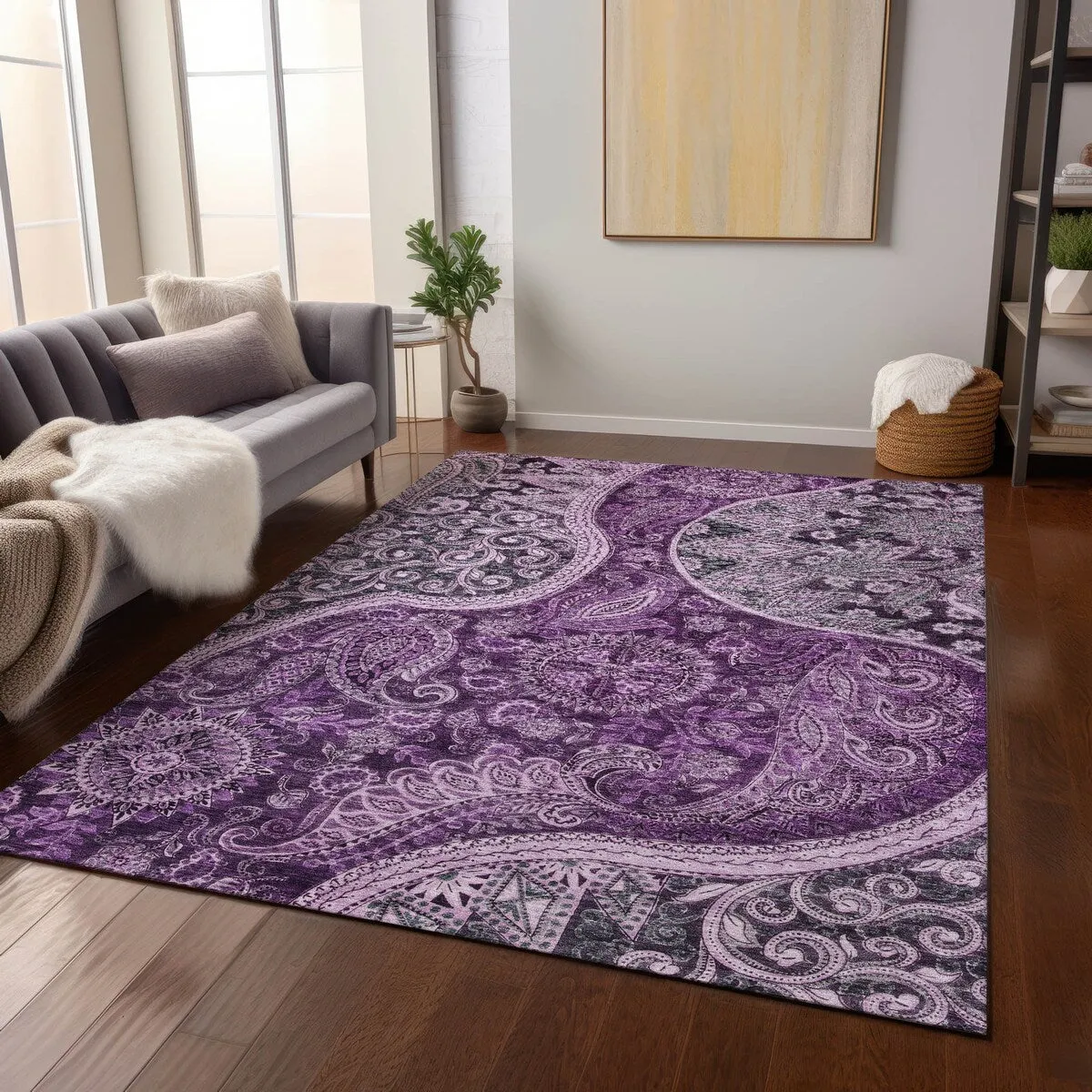 Machine Washable Indoor/ Outdoor Modern Paisley Chantille Rug