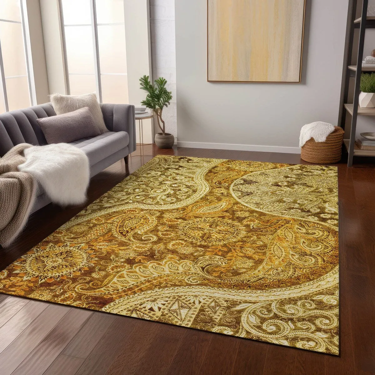 Machine Washable Indoor/ Outdoor Modern Paisley Chantille Rug