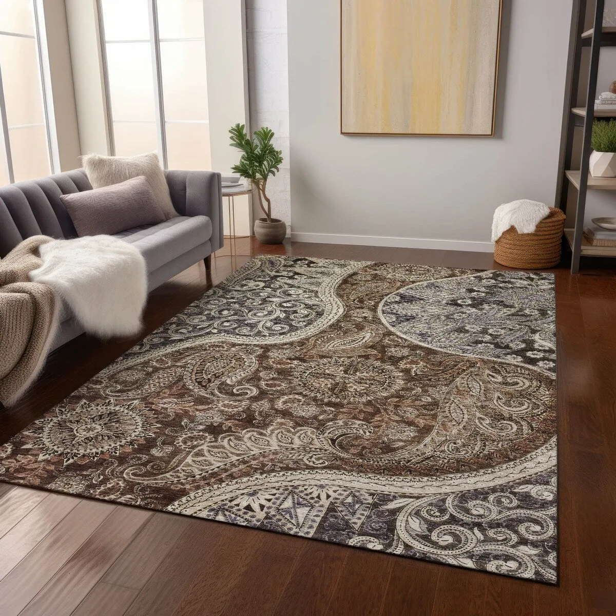 Machine Washable Indoor/ Outdoor Modern Paisley Chantille Rug