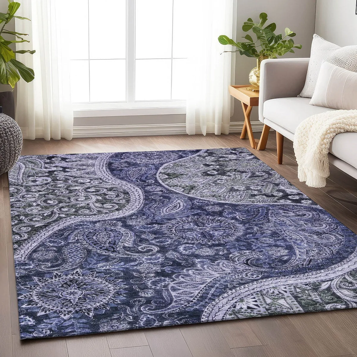 Machine Washable Indoor/ Outdoor Modern Paisley Chantille Rug