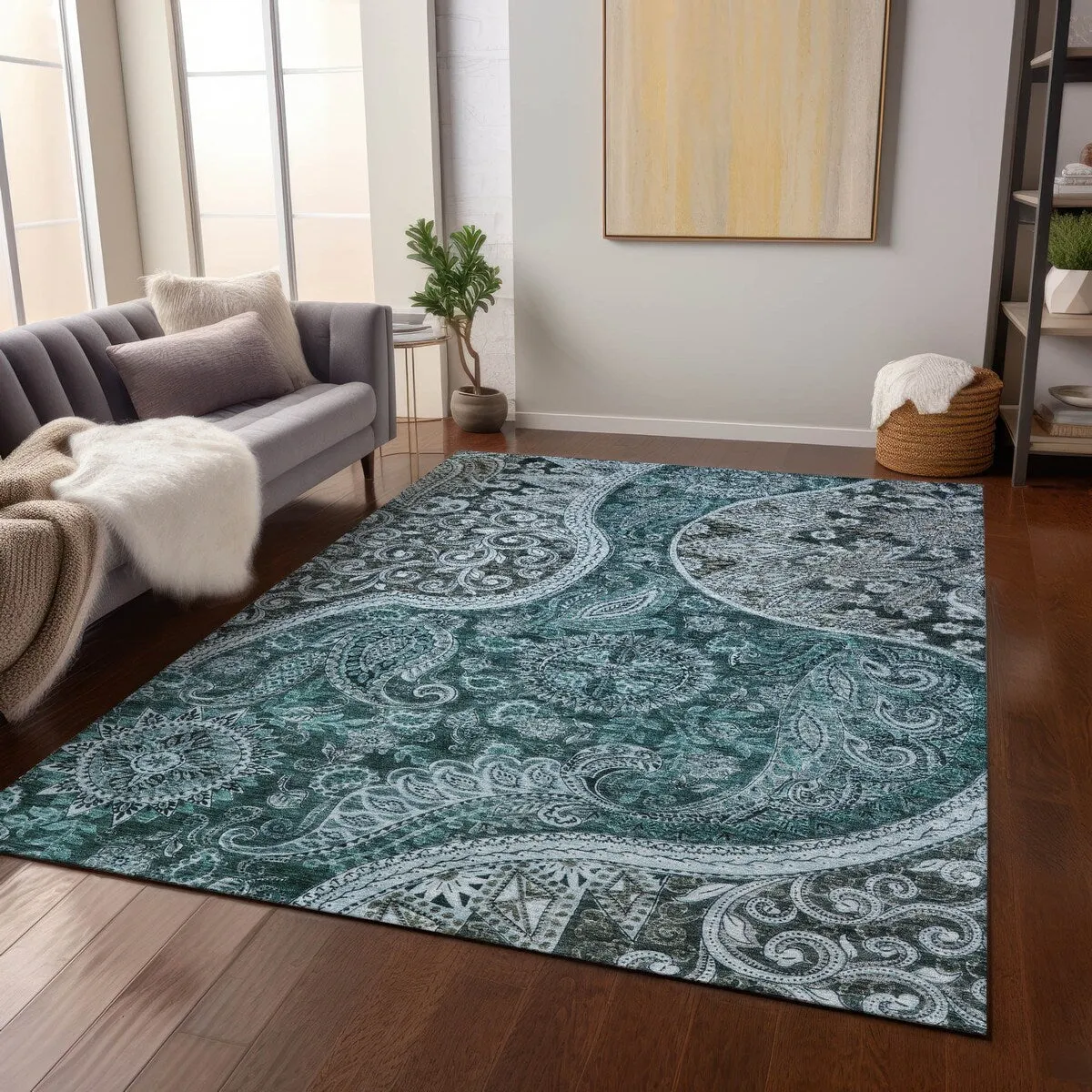 Machine Washable Indoor/ Outdoor Modern Paisley Chantille Rug
