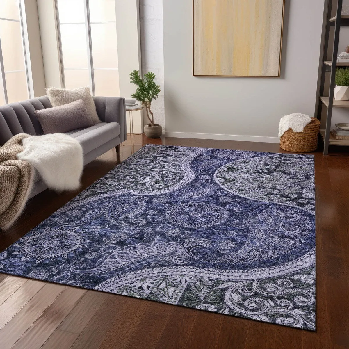 Machine Washable Indoor/ Outdoor Modern Paisley Chantille Rug