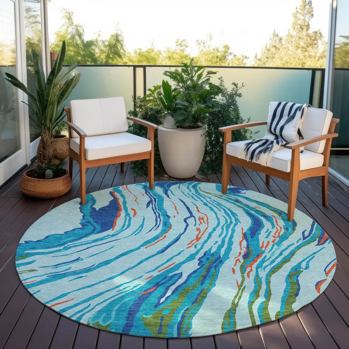 Machine Washable Indoor/ Outdoor Modern Wave Chantille Rug