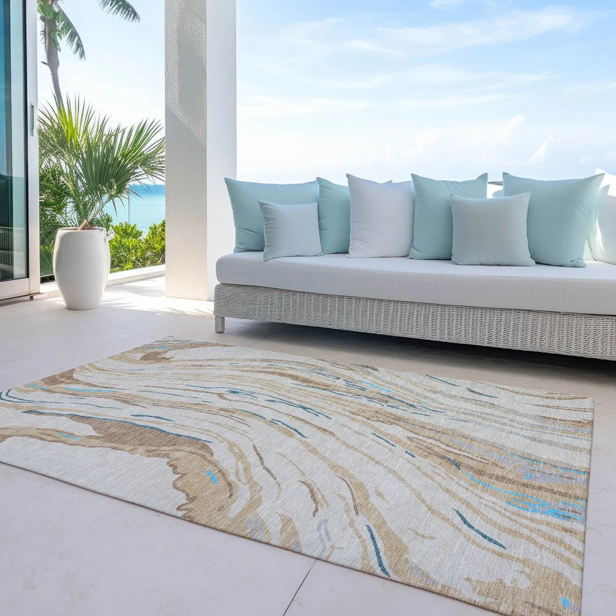 Machine Washable Indoor/ Outdoor Modern Wave Chantille Rug